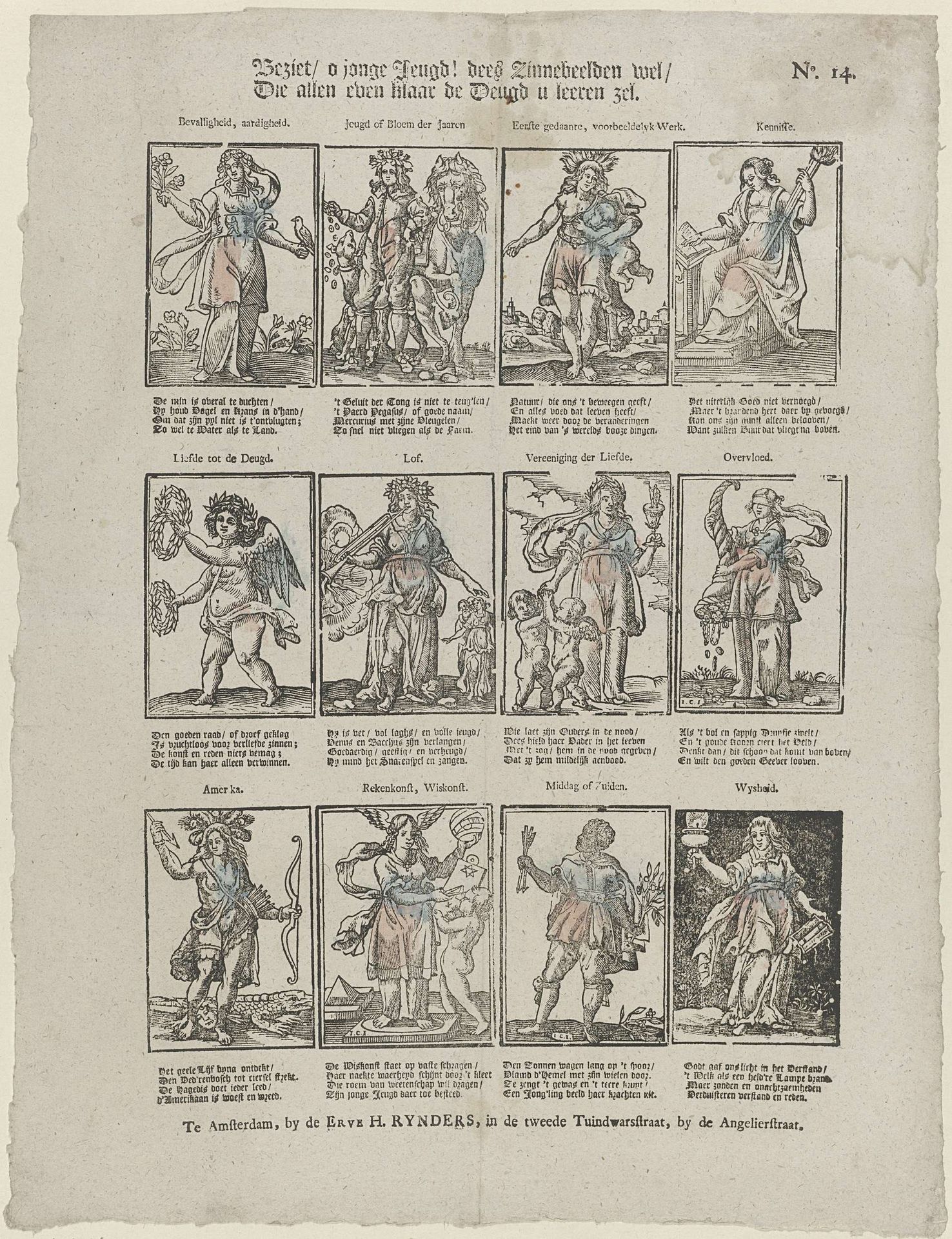 Beziet / o jonge jeugd! deez zinnebeelden wel / Die allen even klaar de deugd u leeren zel by Erve H. Rynders