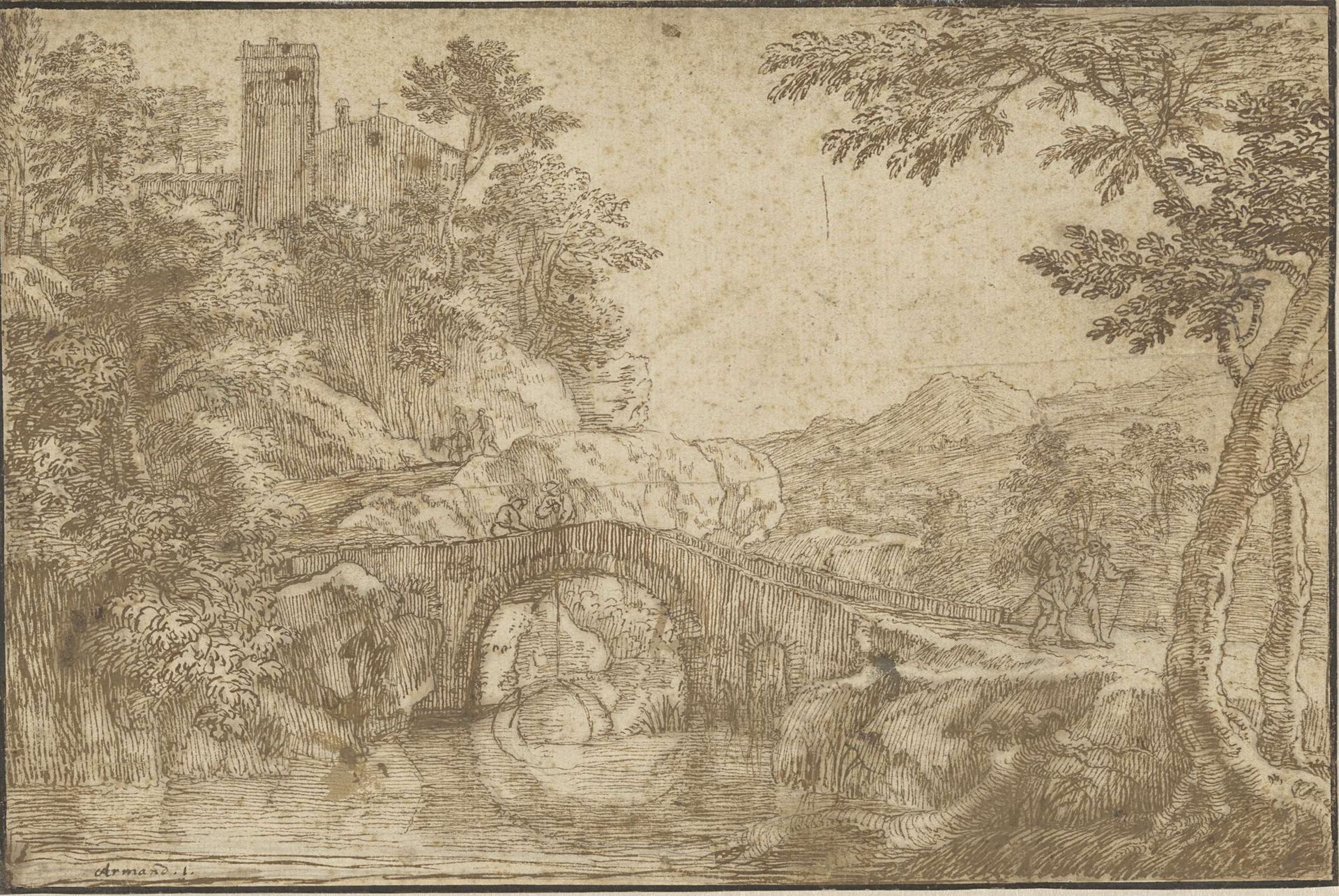 Zuidelijk landschap met een brug over een rivier by Herman van Swanevelt