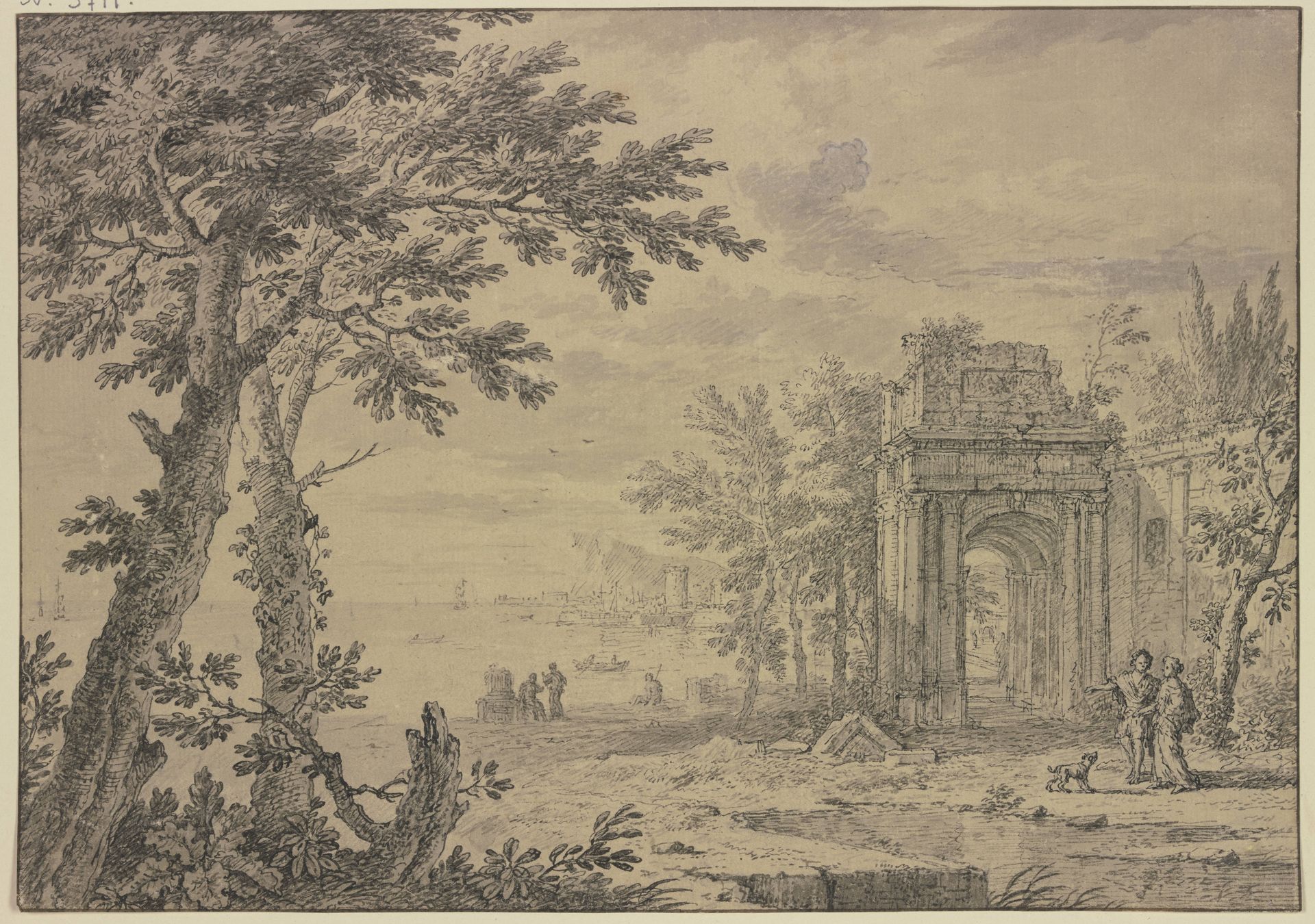 Landschaft mit einem Triumphbogen by Jan van Huysum