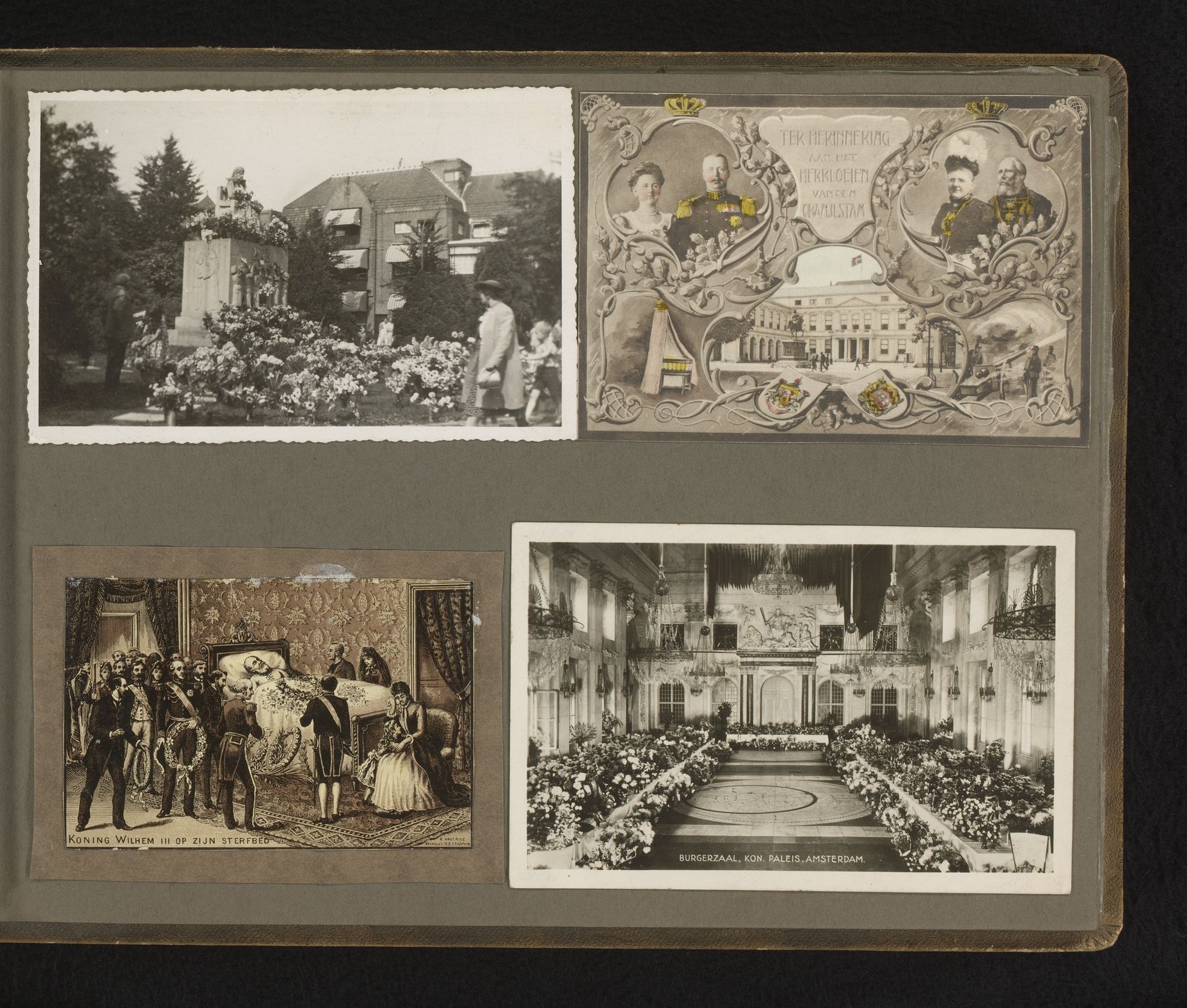 Leden van het Koninklijk Huis en bloemen bij een monument en in de Burgerzaal in het Koninklijk Paleis te Amsterdam by Anonymous