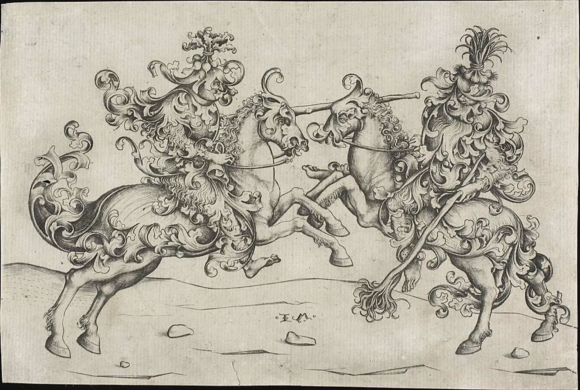 Combat of Two Wild Men on Horseback by Israhel van Meckenem