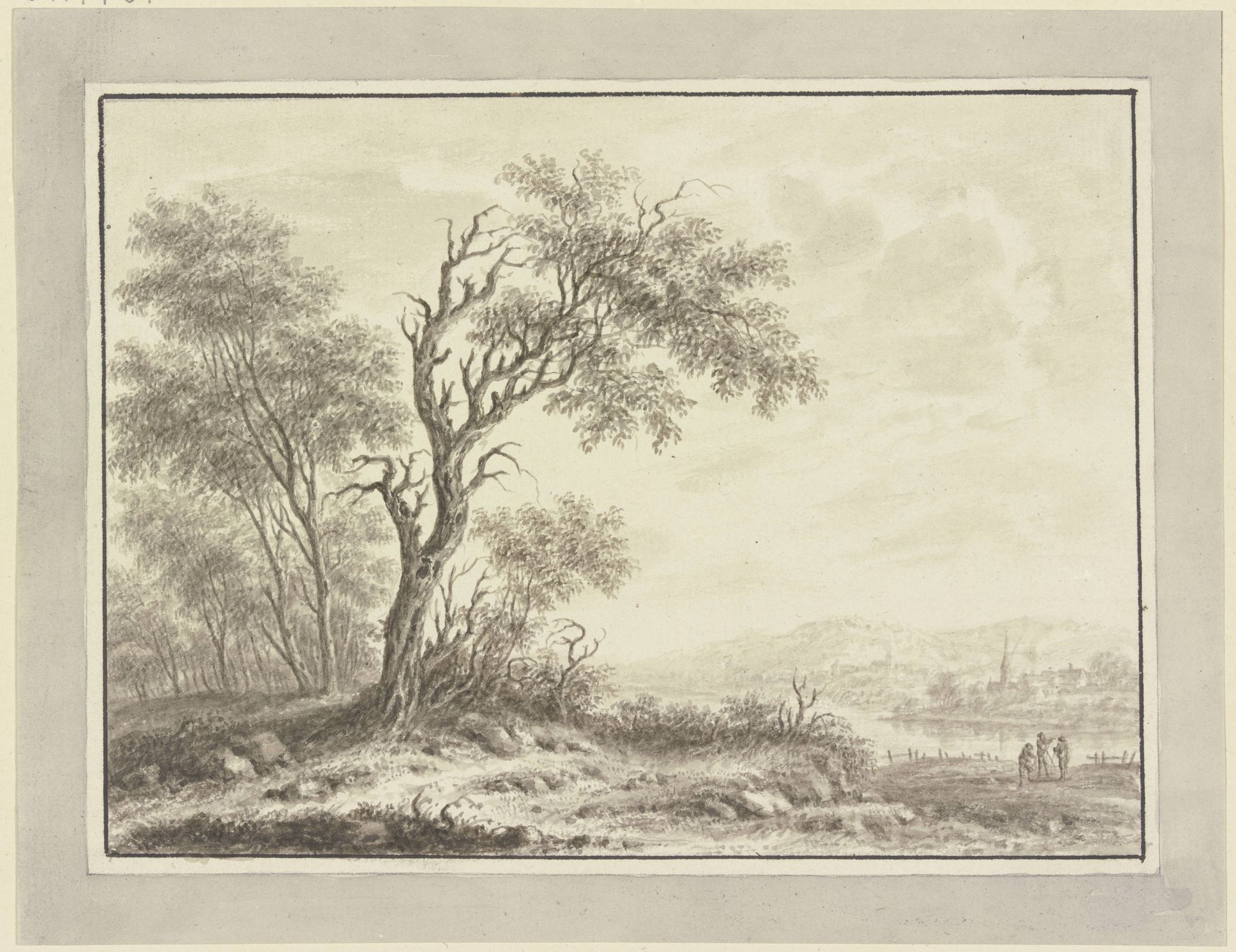 Baumgruppe an einem Flußufer, im Hintergrund ein Dorf by Johann Caspar Zehender