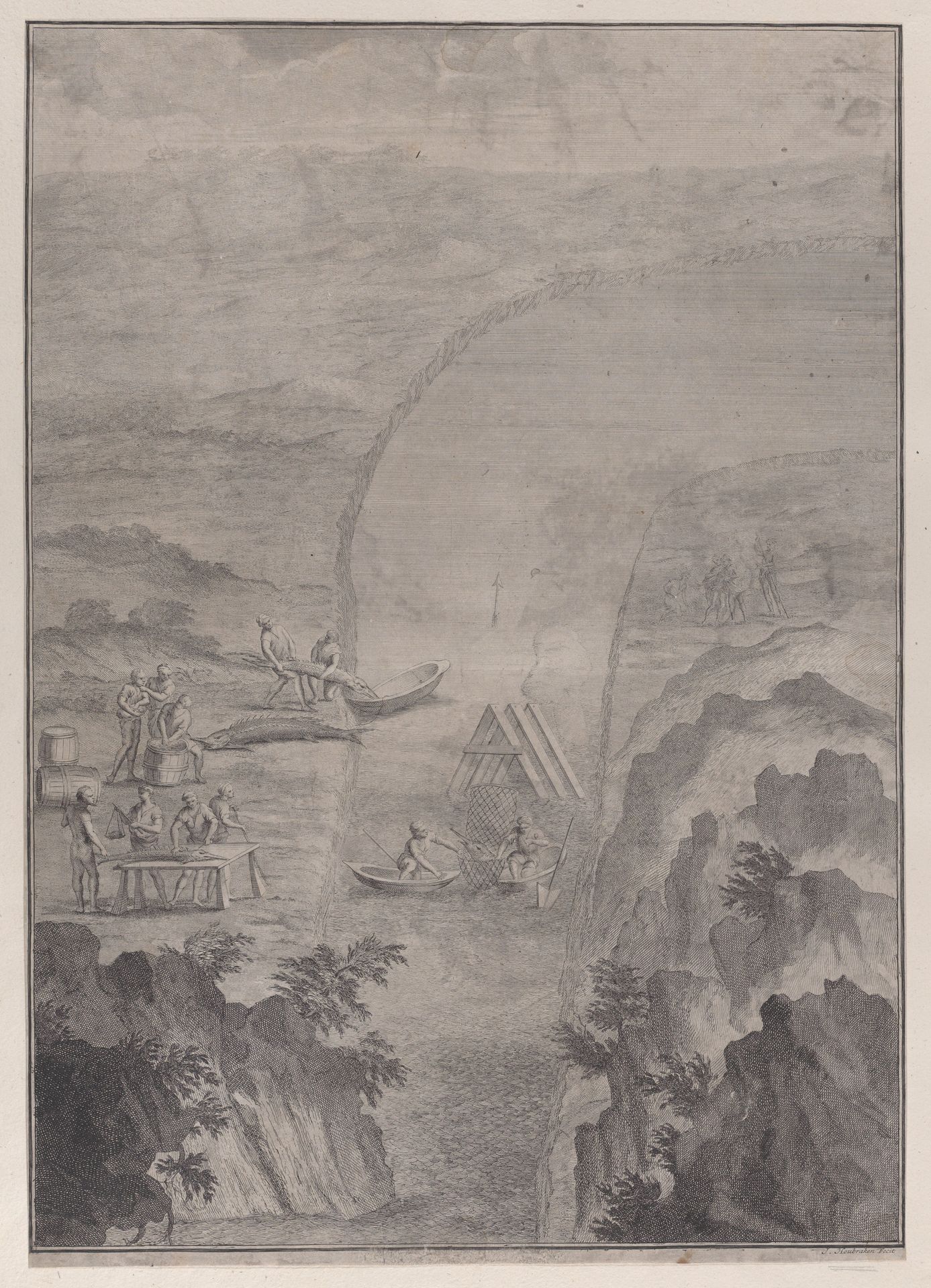 Men fishing with nets in a river, from 'Danubius Pannonico-Mysicus' (Volume 3) by Jacob Houbraken