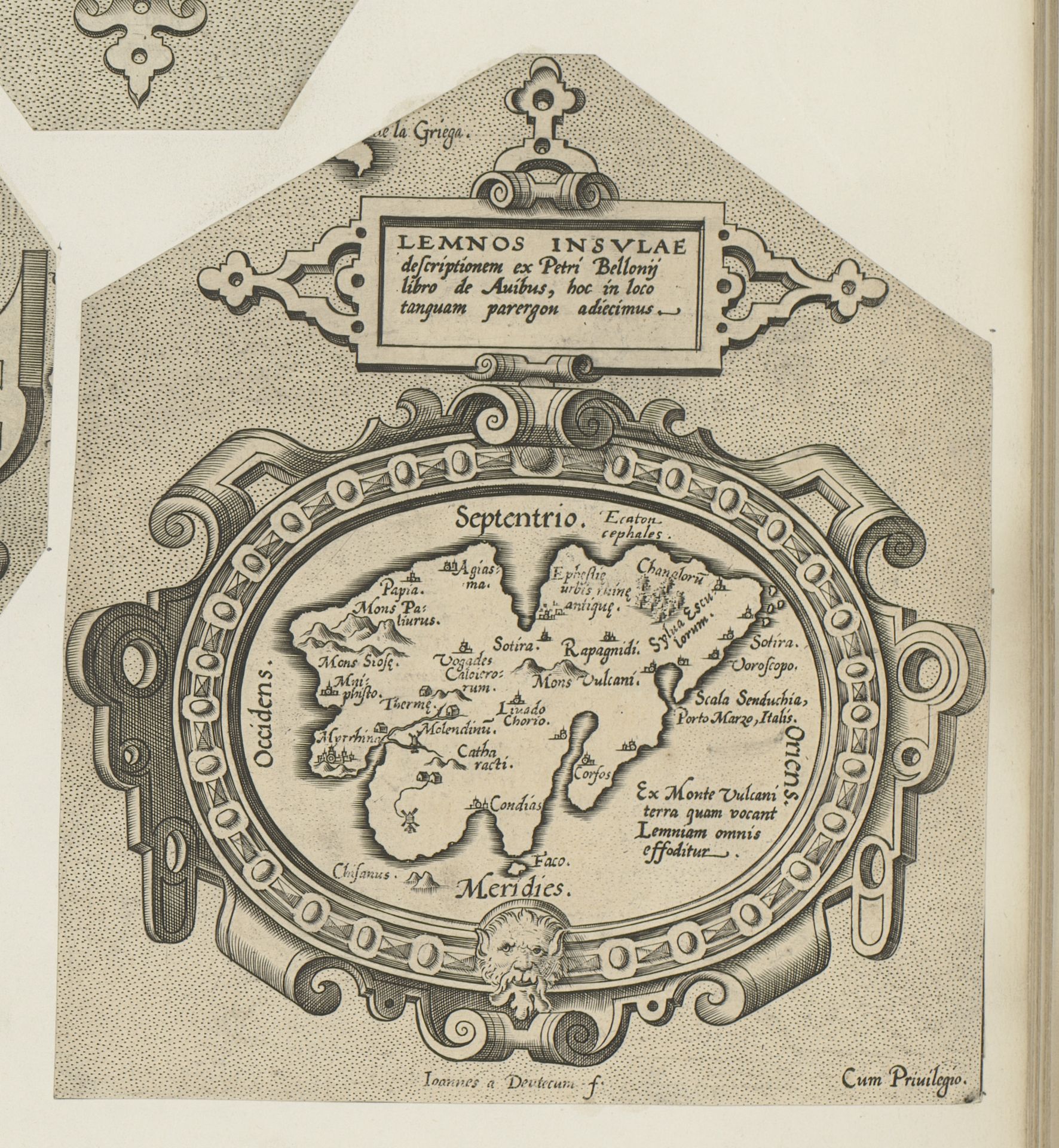 Ovale cartouche met een afbeelding van het eiland Lemnos by Joannes van (I) Doetechum
