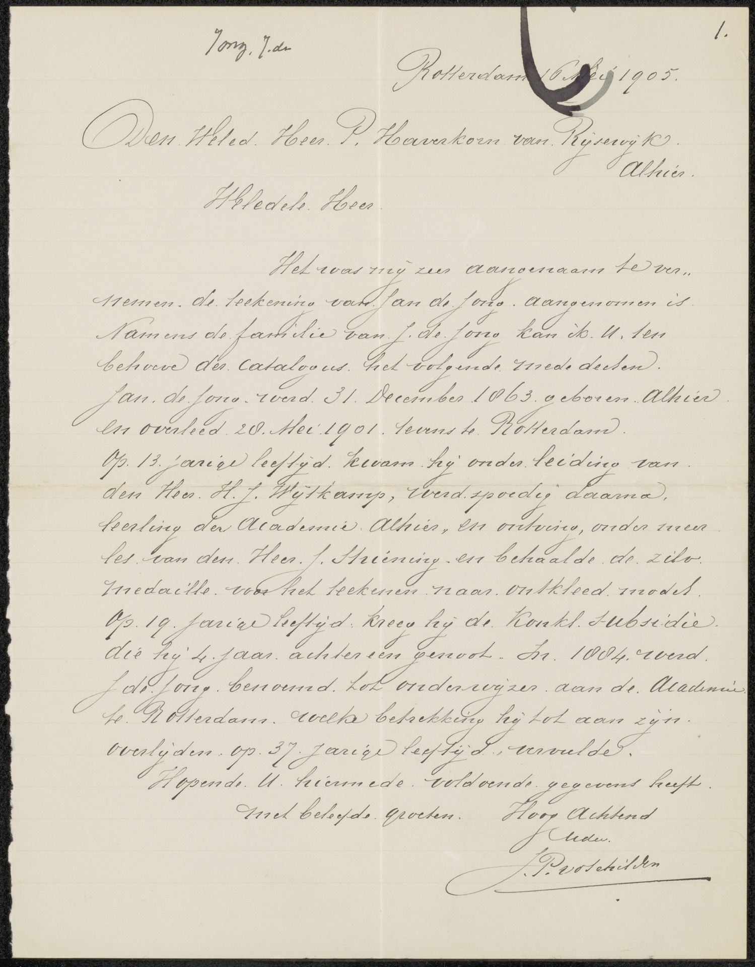 Brief aan Pieter Haverkorn van Rijsewijk by Johannes Pieter van der Schilden