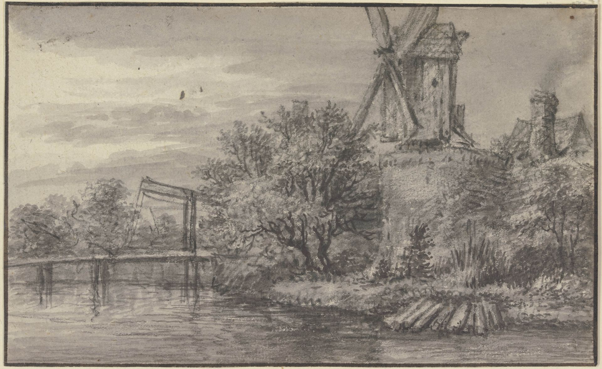 Windmühle an einem Kanal, über welchen eine Zugbrücke führt by Anthonie Waterloo