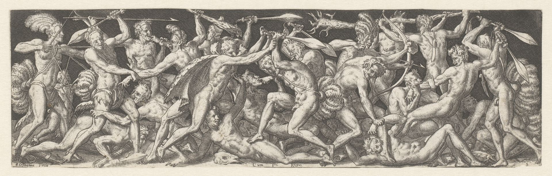 Gevecht tussen naakte mannen, waarvan sommigen versierd met veren by Etienne Delaune