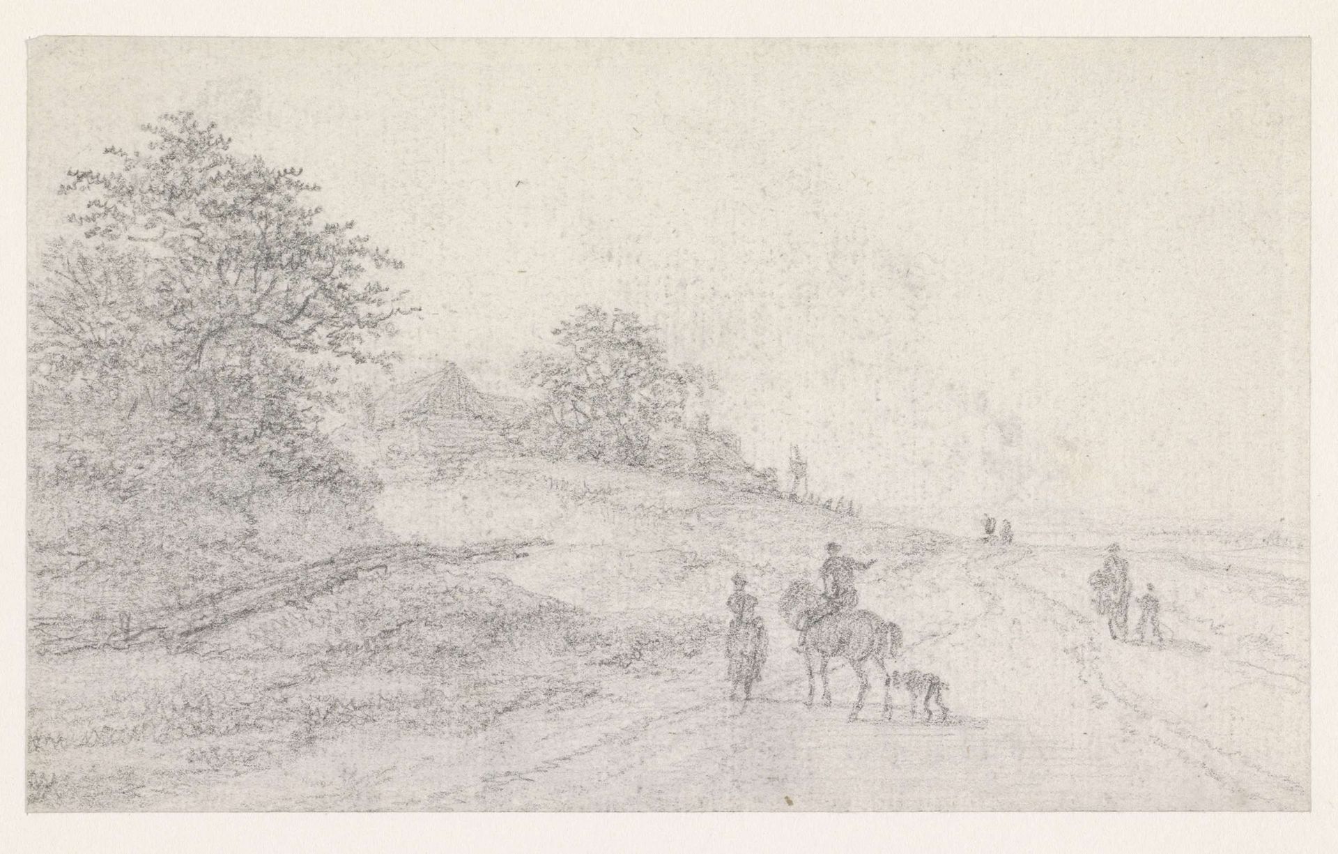 Ruiter met hond en een vrouw op een landweg by Georges Michel