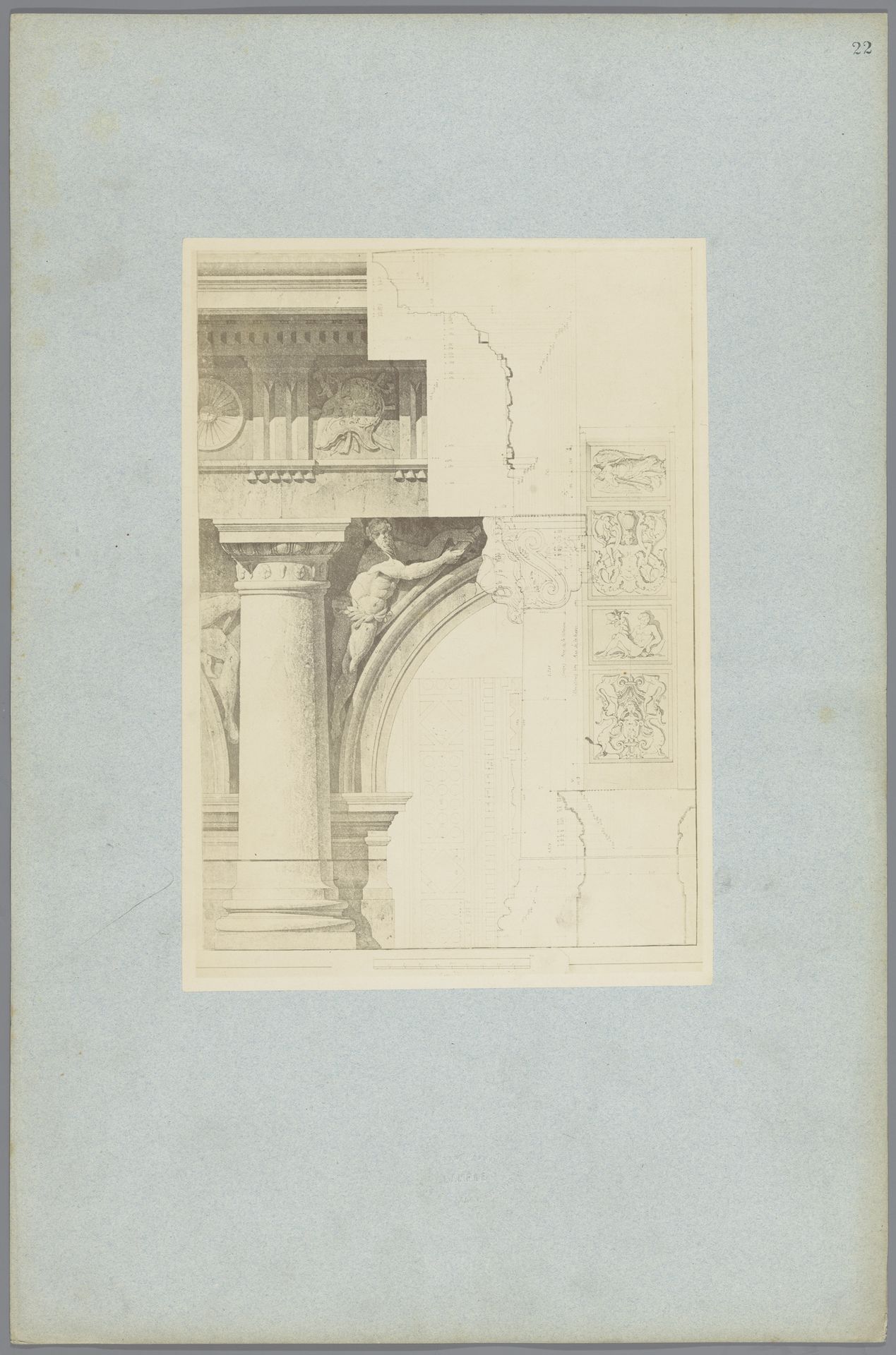 Fotoreproductie van een architectonische tekening van een gebouw met daarin de verhoudingen en formaten vermeld by Jean Pierre Emanuel Lampué