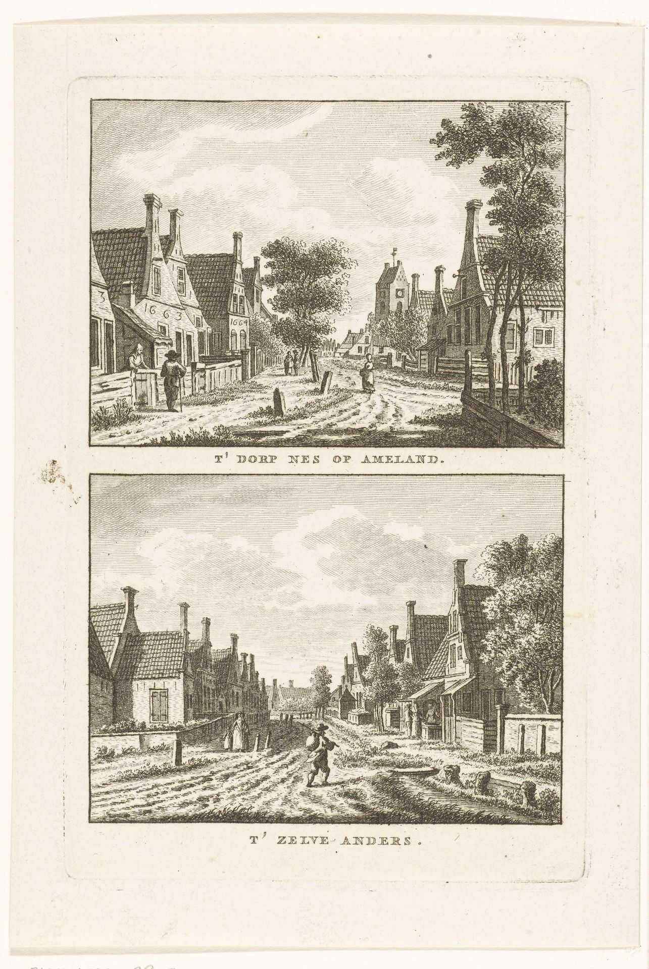 Twee dorpsgezichten te Nes op Ameland by Carel Frederik (I) Bendorp