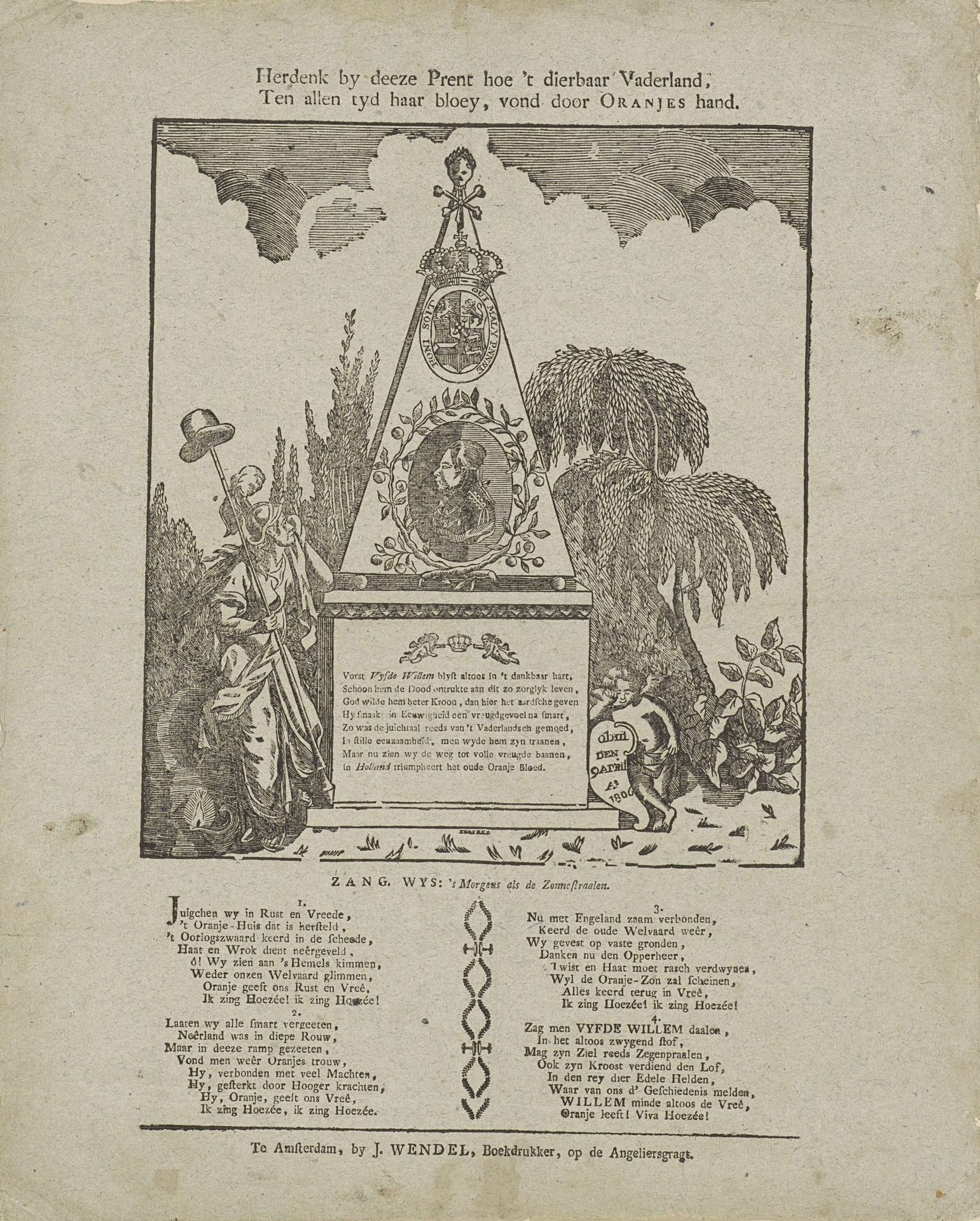 Herdenk by deeze prent hoe 't dierbaar vaderland, / Ten allen tyd haar bloey, vond door Oranjes hand by Johannes Donker