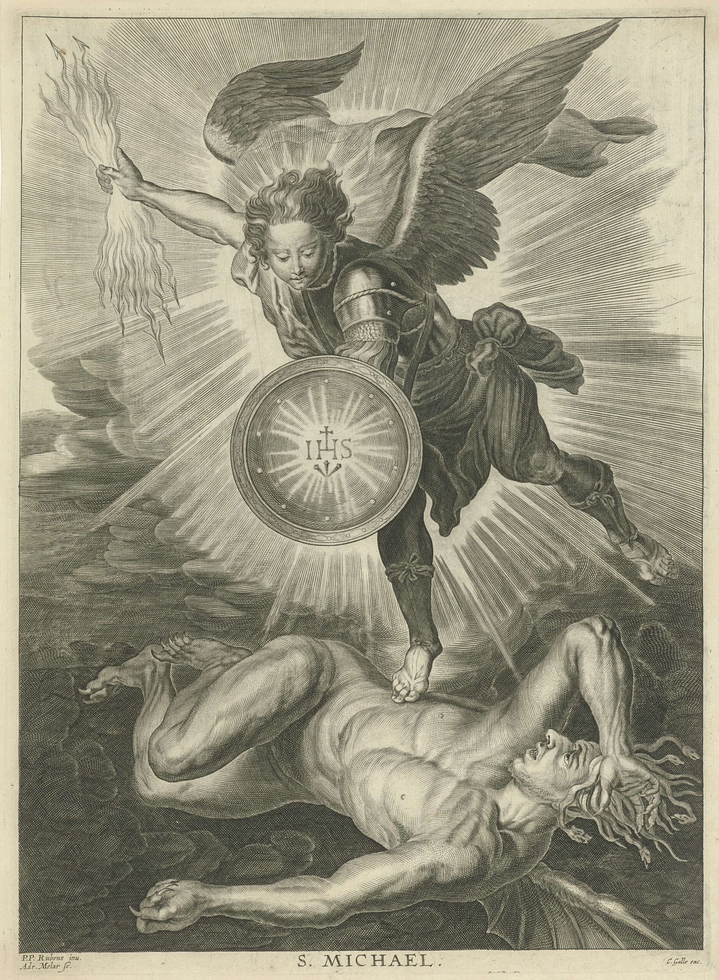 Michaël onderwerpt de duivel by Adriaen Millaert