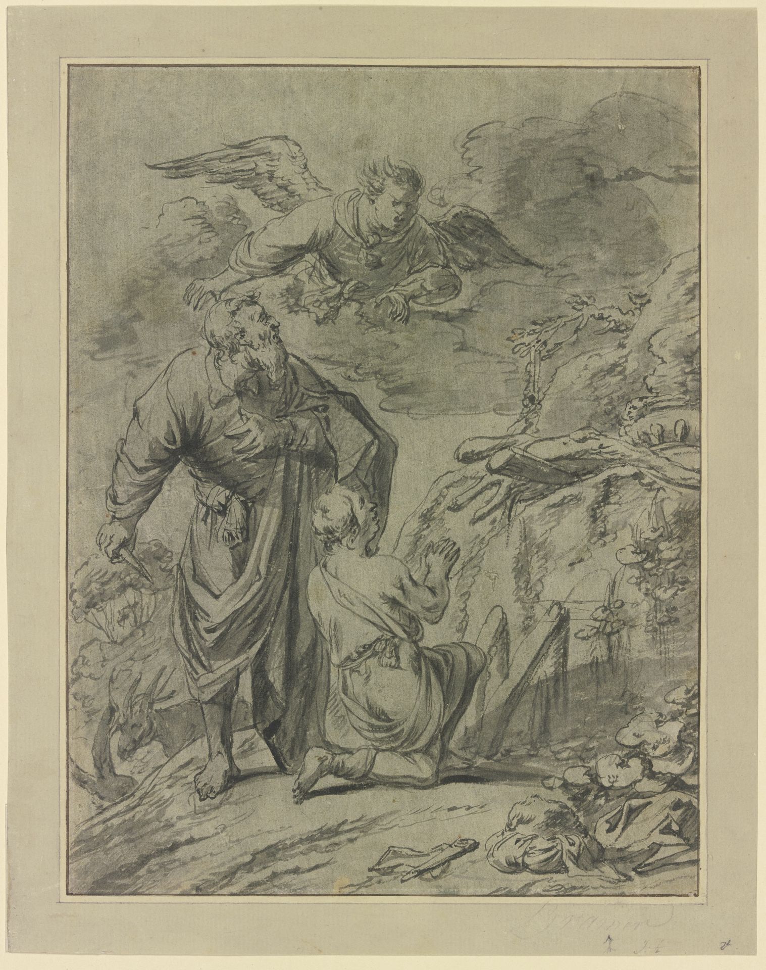 Abraham im Begriff seinen Sohn Isaak zu opfern, erblickt den Engel by Leonaert Bramer