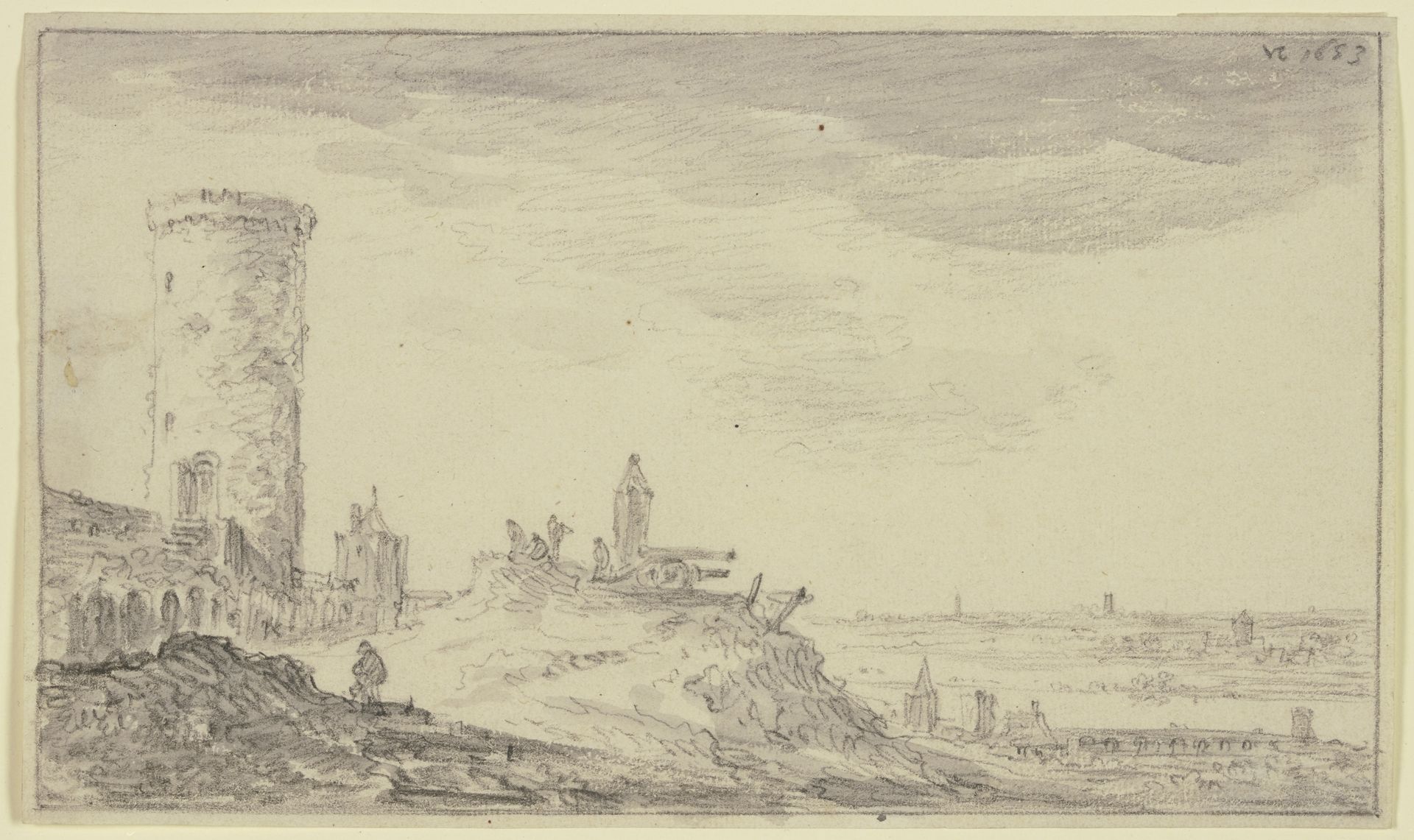 Befestigung, bei einem Kundeturm zwei Kanonen und ein Schilderhaus by Jan van Goyen