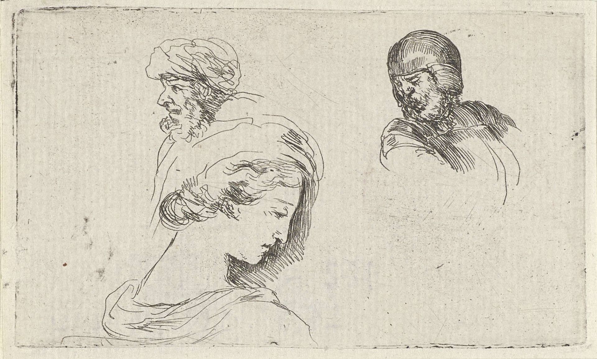Hoofden van een vrouw, een oude man met baard en van een soldaat met helm by Stefano della Bella