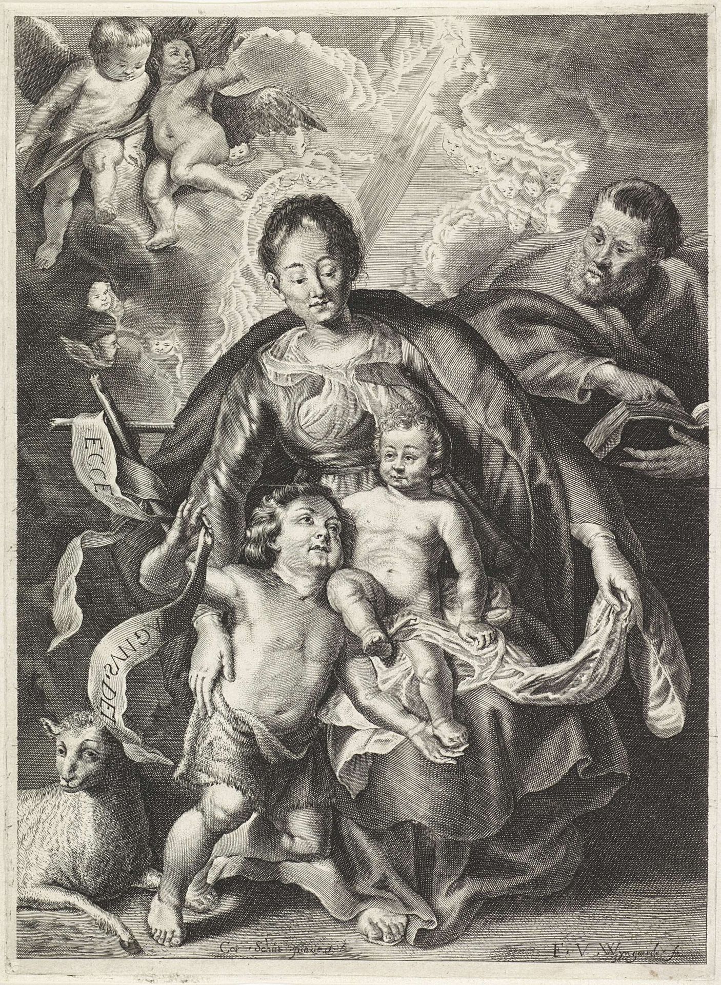 Heilige Familie met Johannes de Doper en engelen by Frans van den Wijngaerde