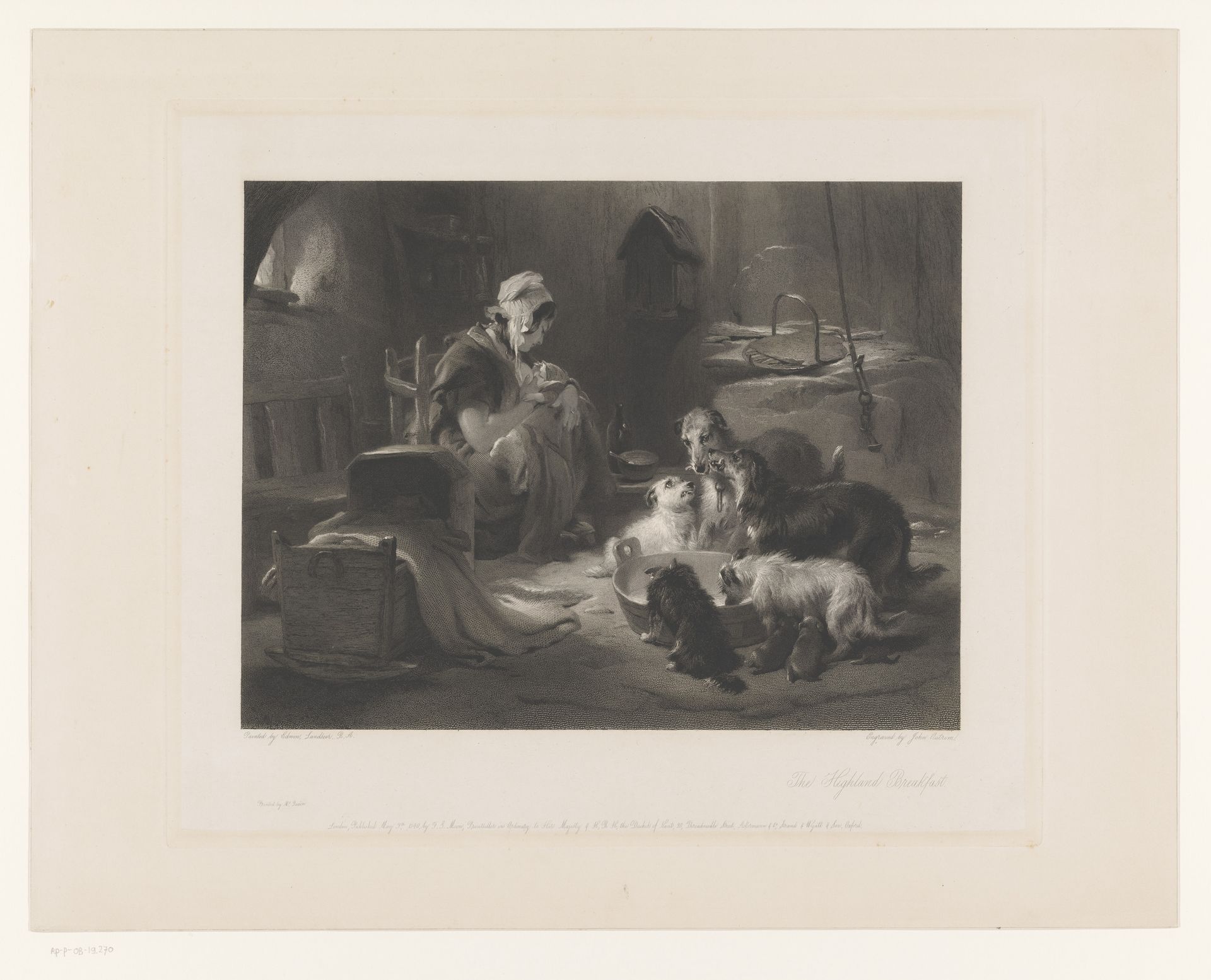 Vrouw met kind aan de borst en vijf honden rond een drinkbak by John Outrim