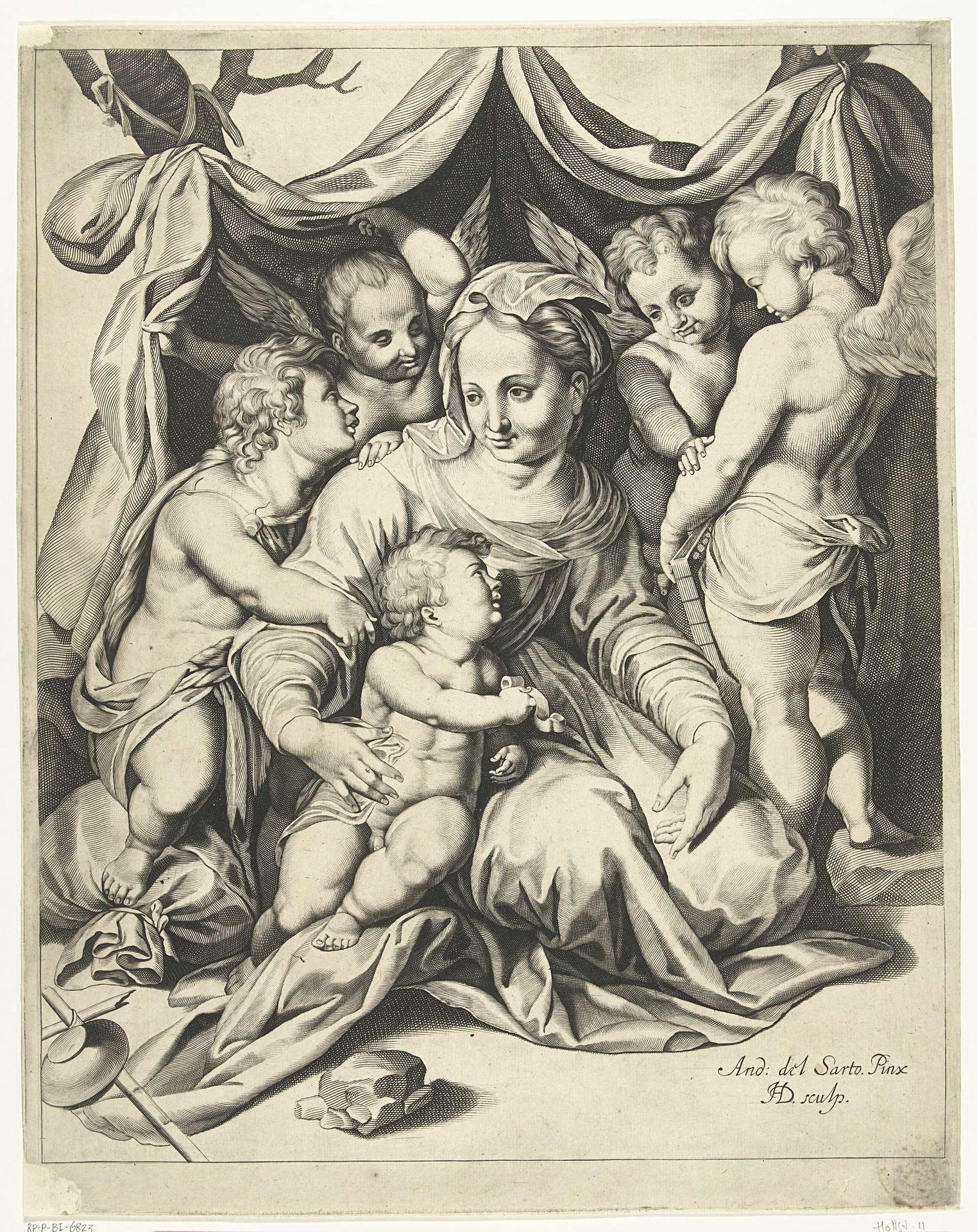 Maria met Kind zittend op de grond en Johannes als kind en drie kleine engelen by Hendrick Danckerts