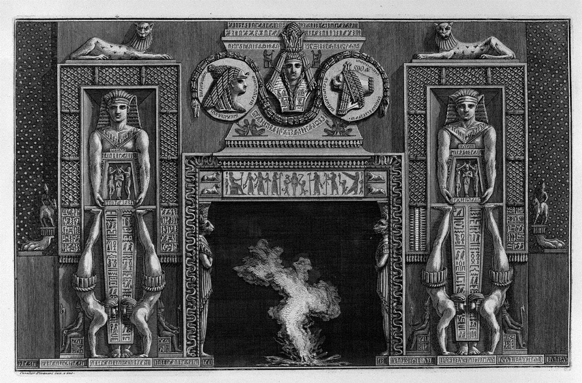 Egyptian-style fireplace, two on each side jugglers spilled on the hands by Giovanni Battista Piranesi