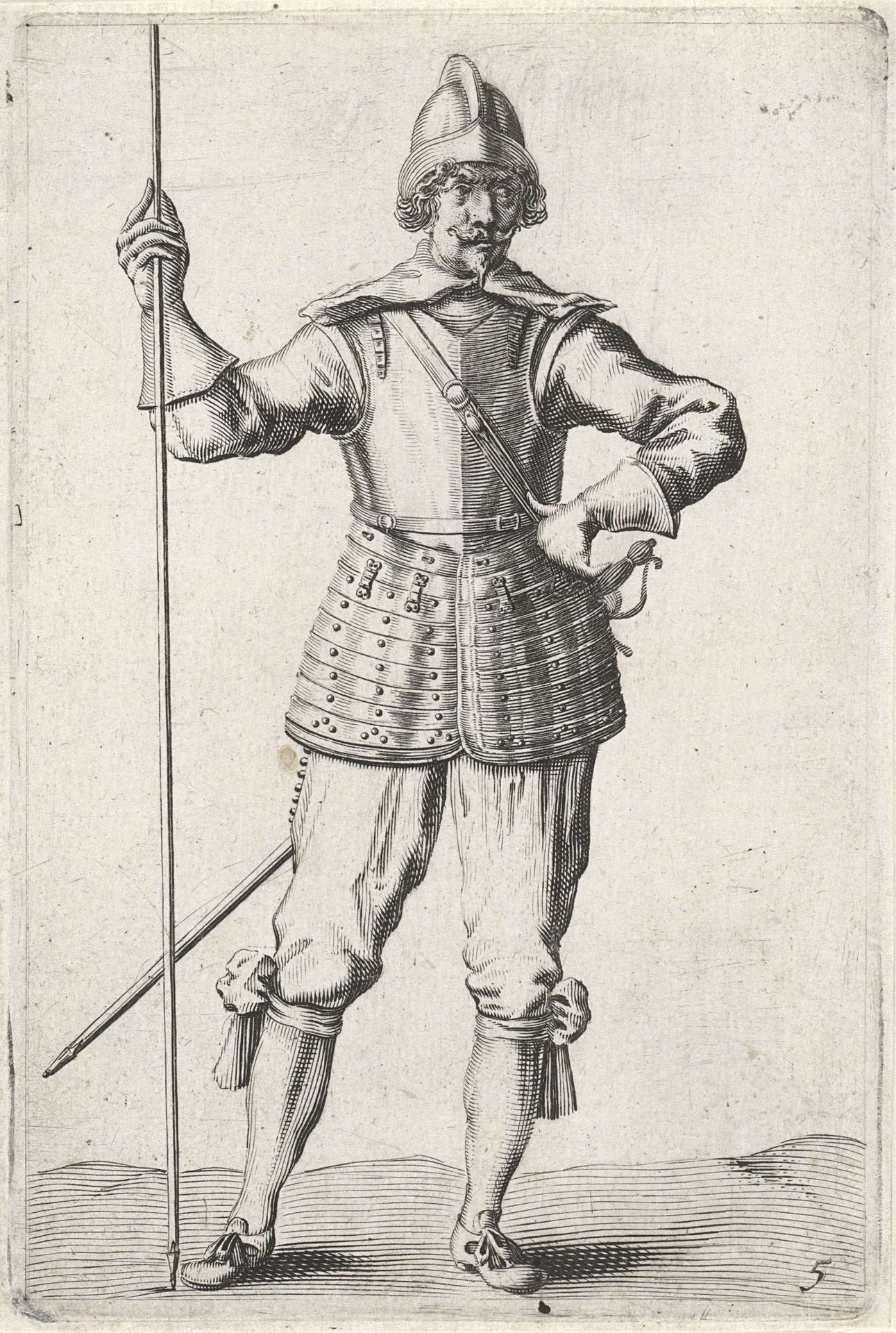 Staande soldaat met borstkuras en speer by Salomon Savery