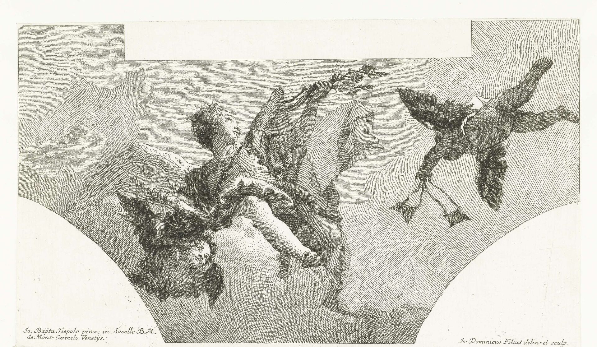 Engel met tros lelies en twee cherubijnen en putto met scapulier by Giovanni Domenico Tiepolo