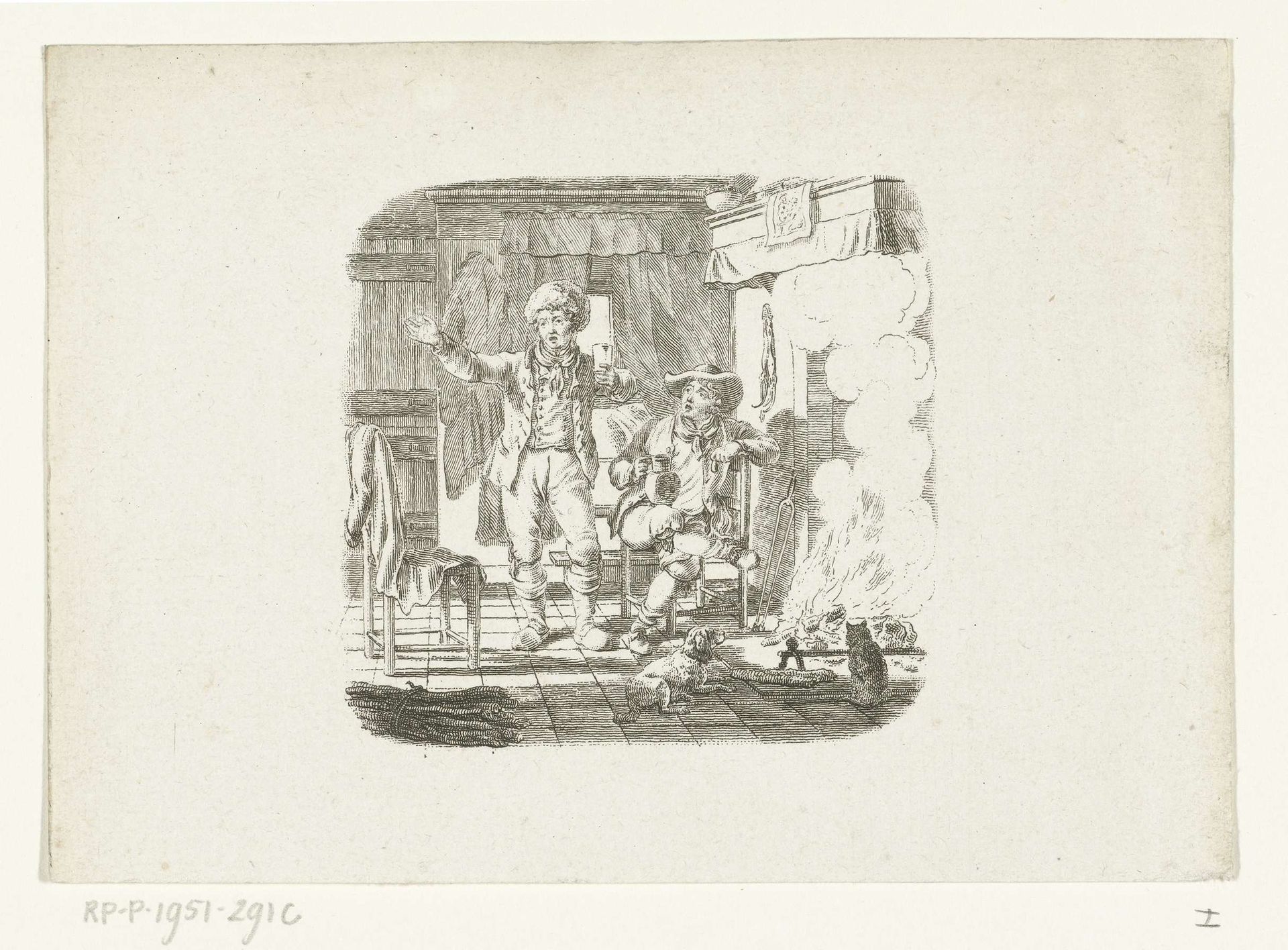 Twee mannen in gesprek bij haardvuur by Johannes Christiaan Bendorp