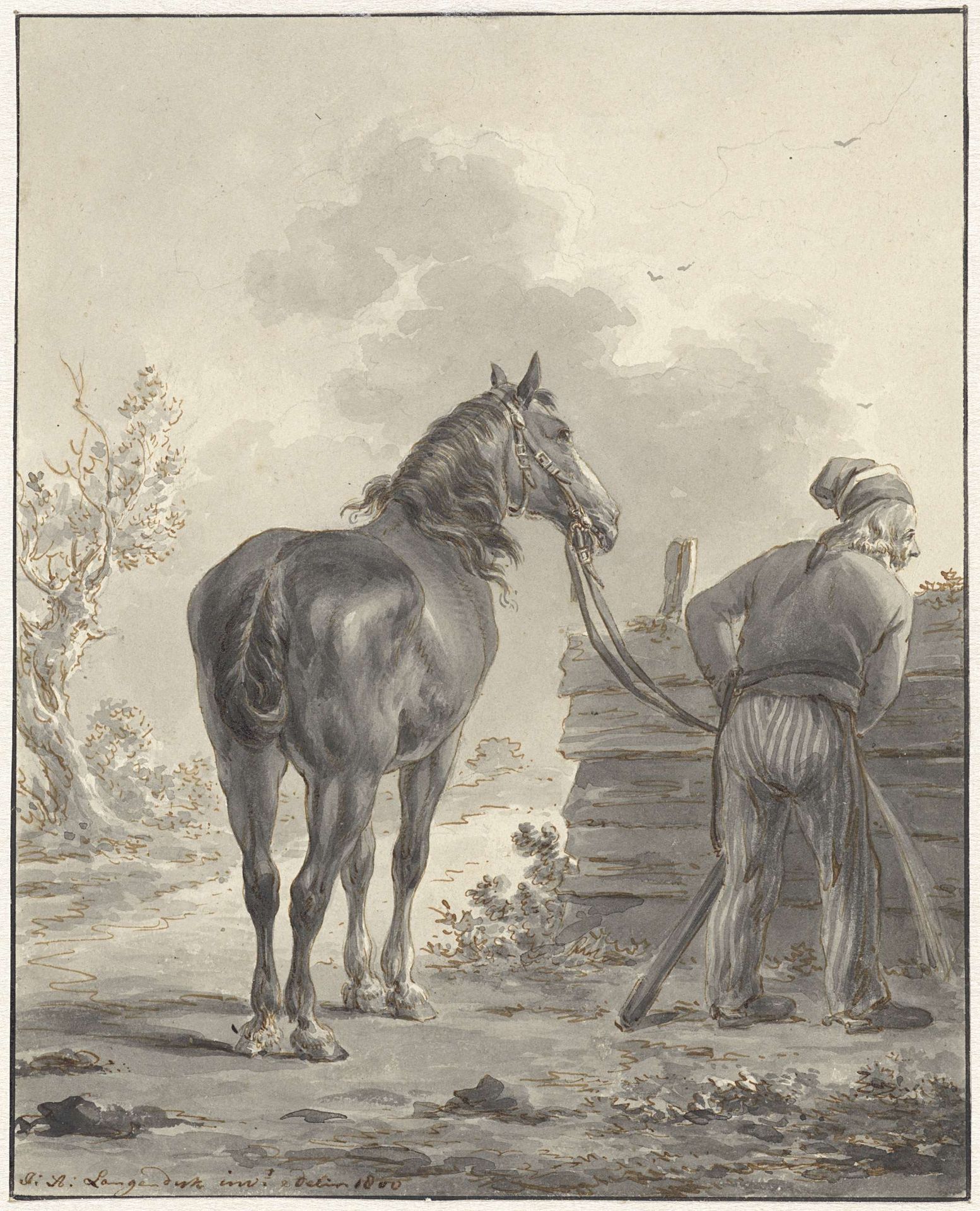 Waterende soldaat met paard by Jan Anthonie Langendijk Dzn