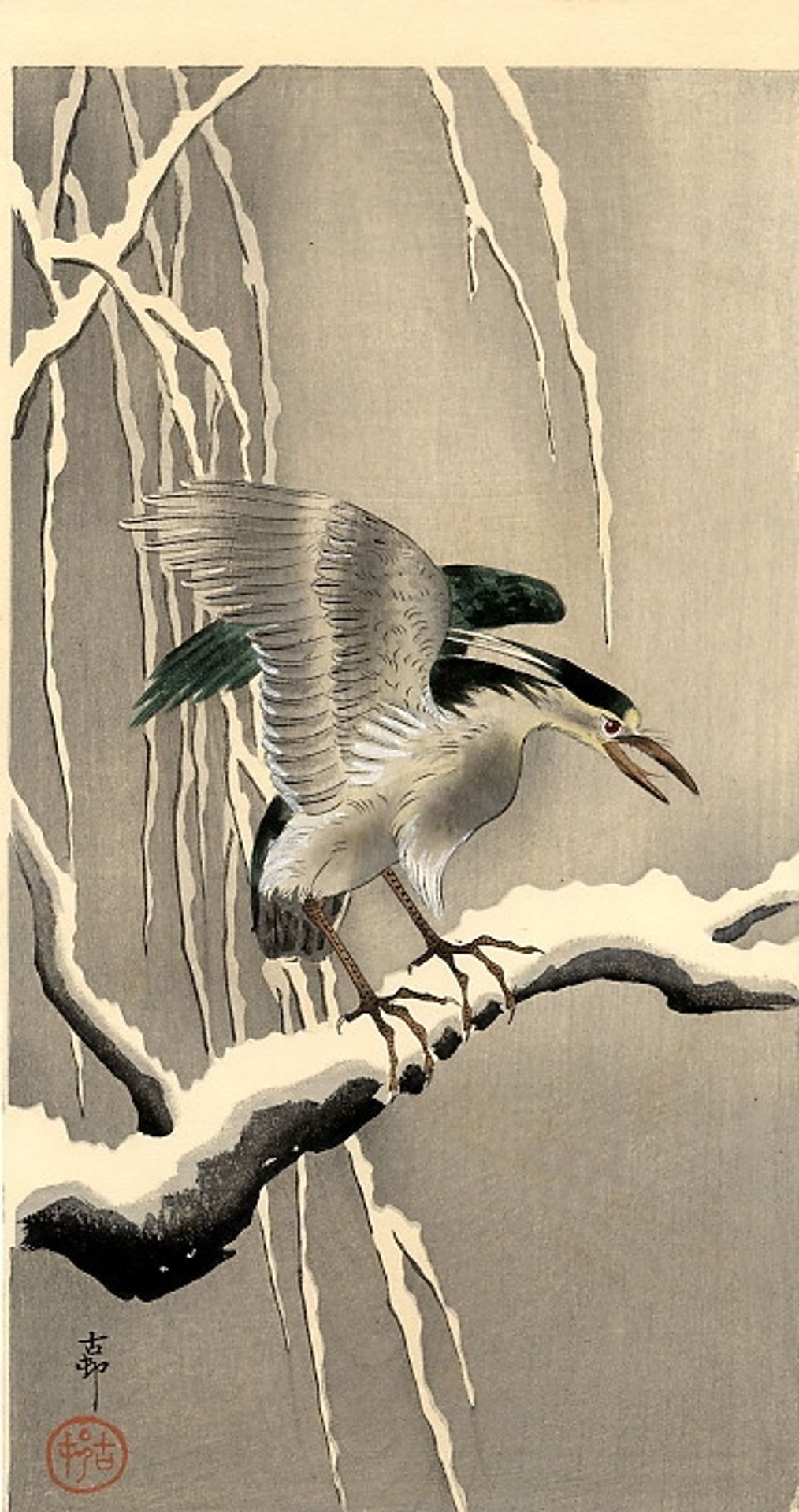 Night Heron on a Snowy Branch by Ohara Koson