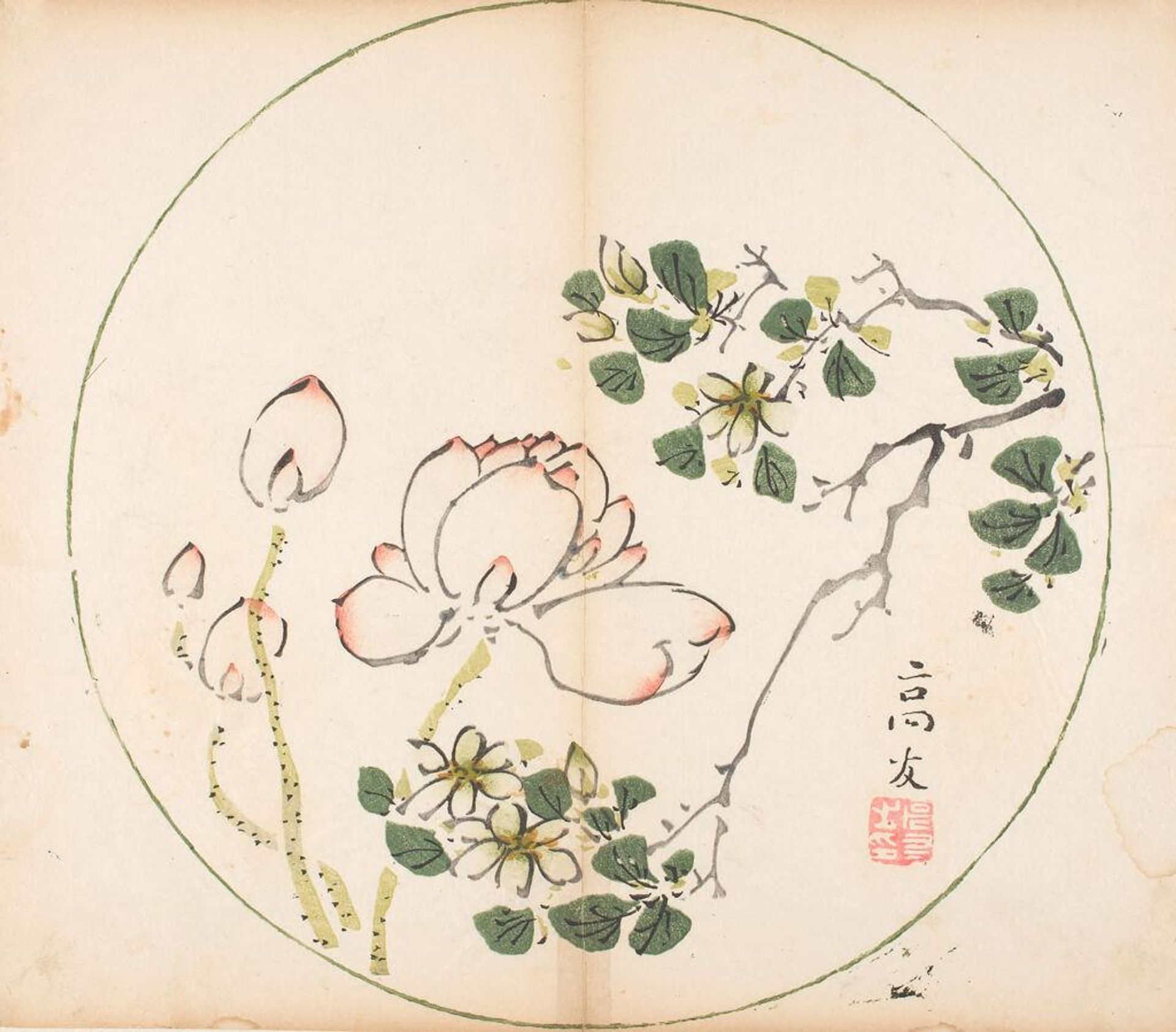 Lotus and Flowering Branch in Circular Fan Shape -- Illustration from the Ten Bamboo Studio Manual of Calligraphy and Painting (Shizhuzhai shuhua pu) by Hu Zhengyan