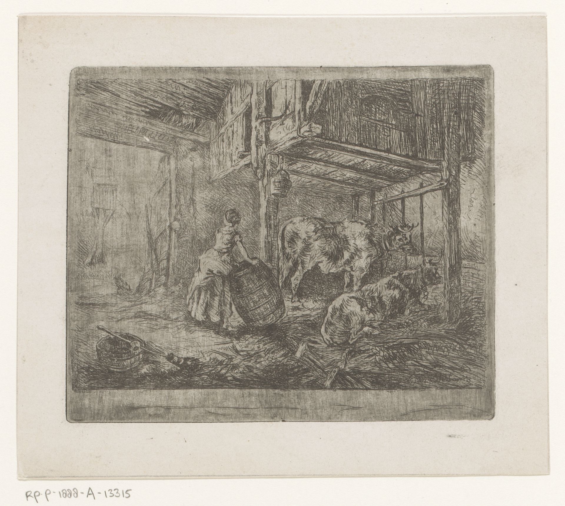 Vrouw met ton in een stal met twee koeien by Jan Stobbaerts