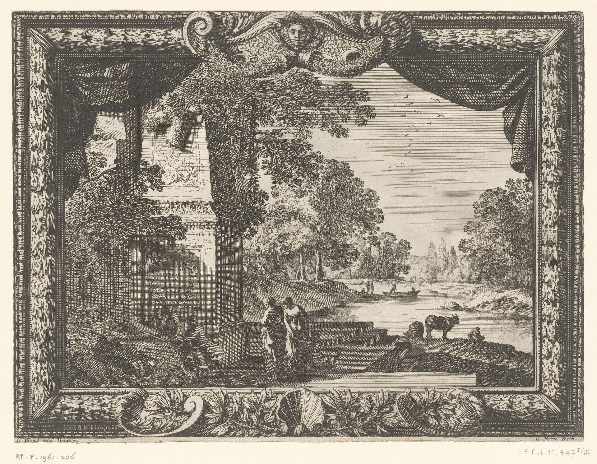 Rivierlandschap met figuren bij een grafmonument by Jean Lepautre