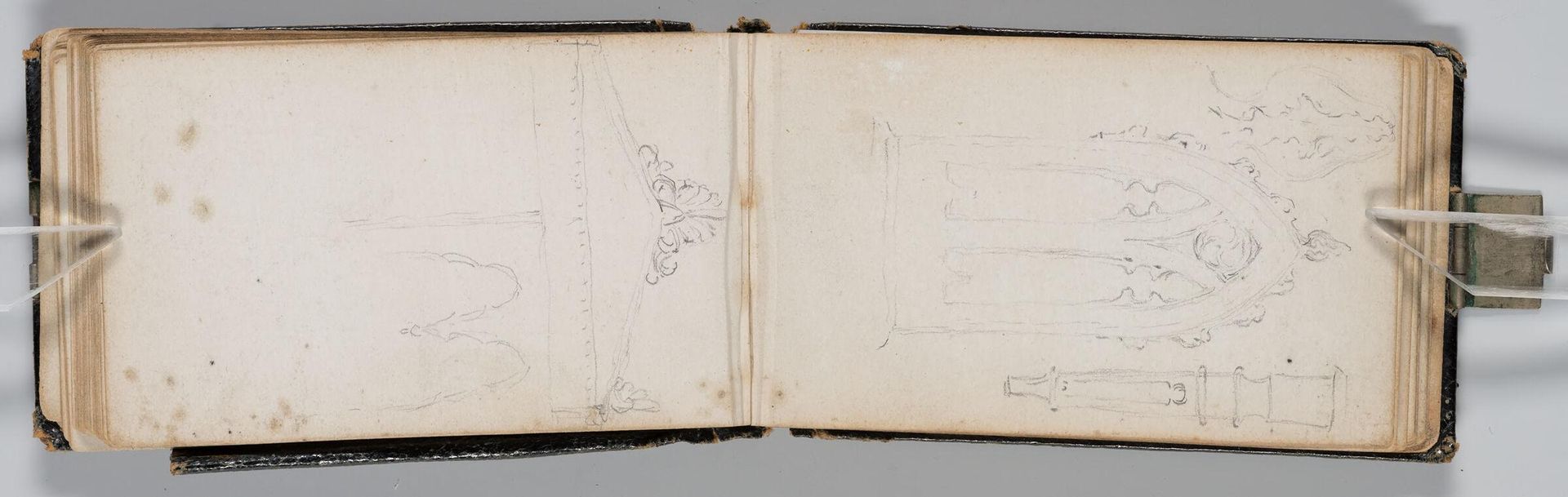 Study of an Elaborate Window; Chair Leg; verso: Studies of Decorative Molding; Sailboat by Sanford Robinson Gifford