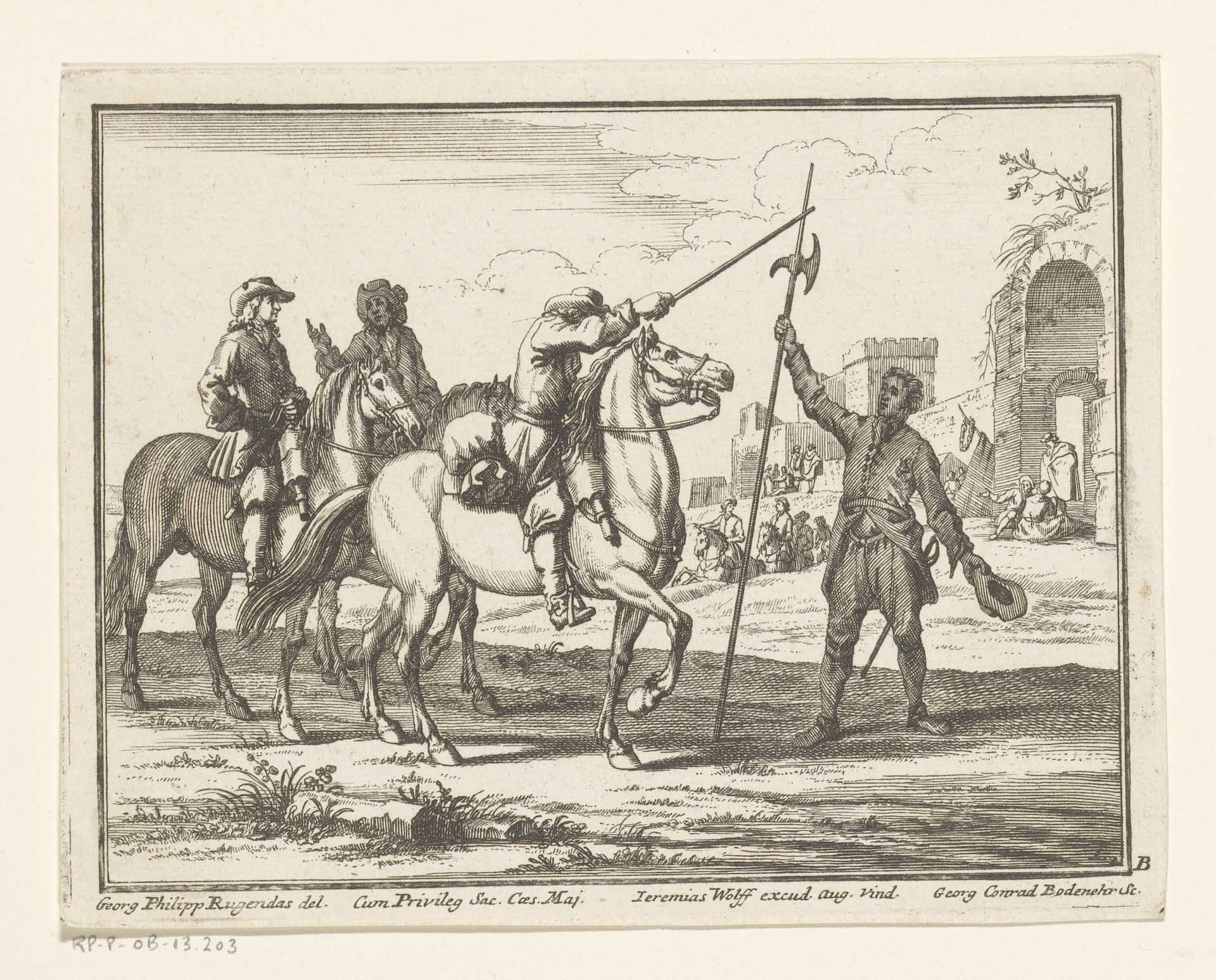 Drie ruiters en een hellebaardier by Georg Conrad Bodenehr