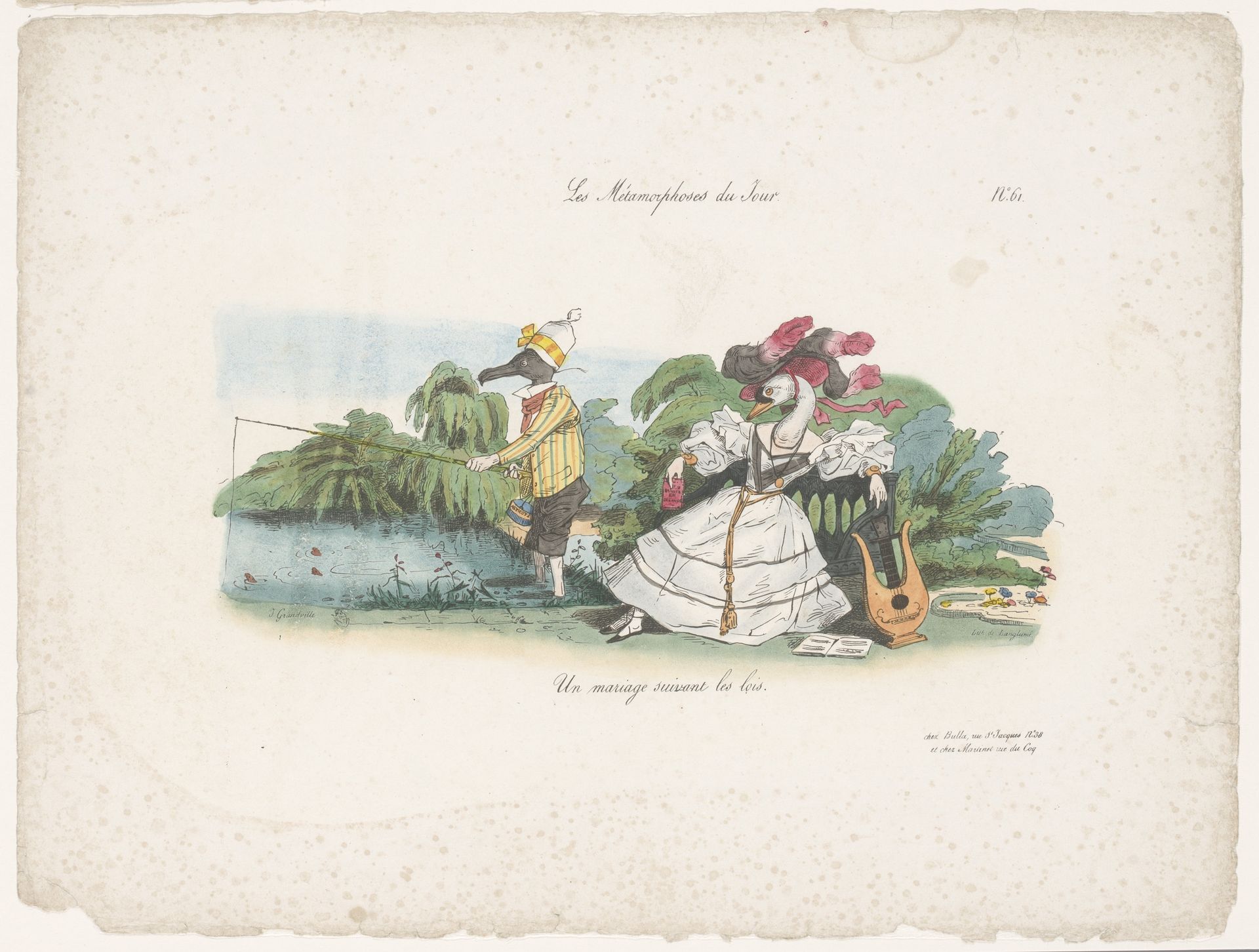 Aalscholver en zwaan als getrouwd stel by Jean Ignace Isidore Gérard Grandville