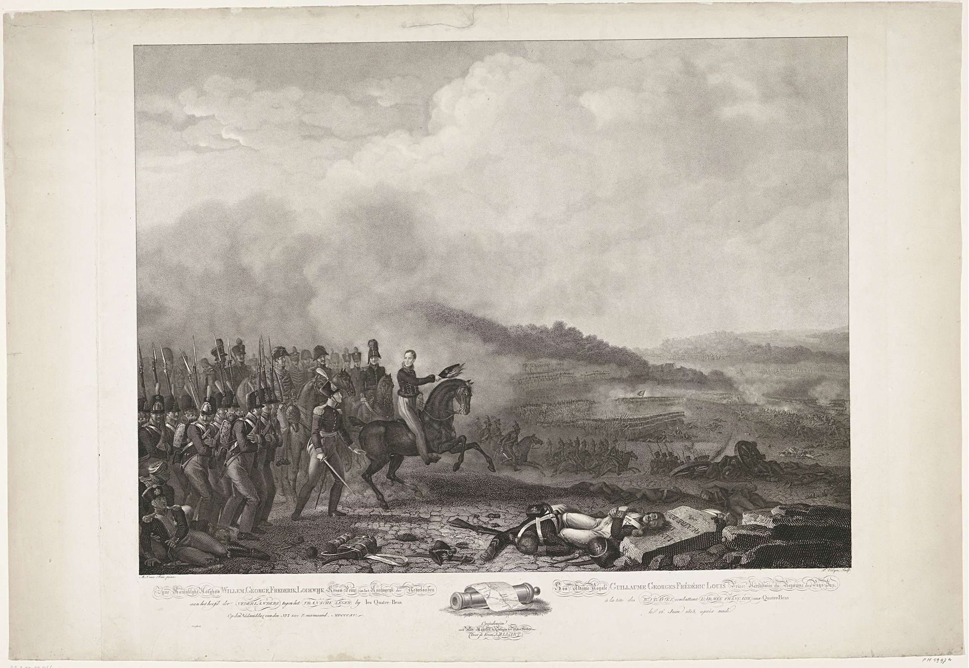 Prins van Oranje leidt de Nederlandse troepen in de slag bij Quatre-Bras, 1815 by Philippus Velijn