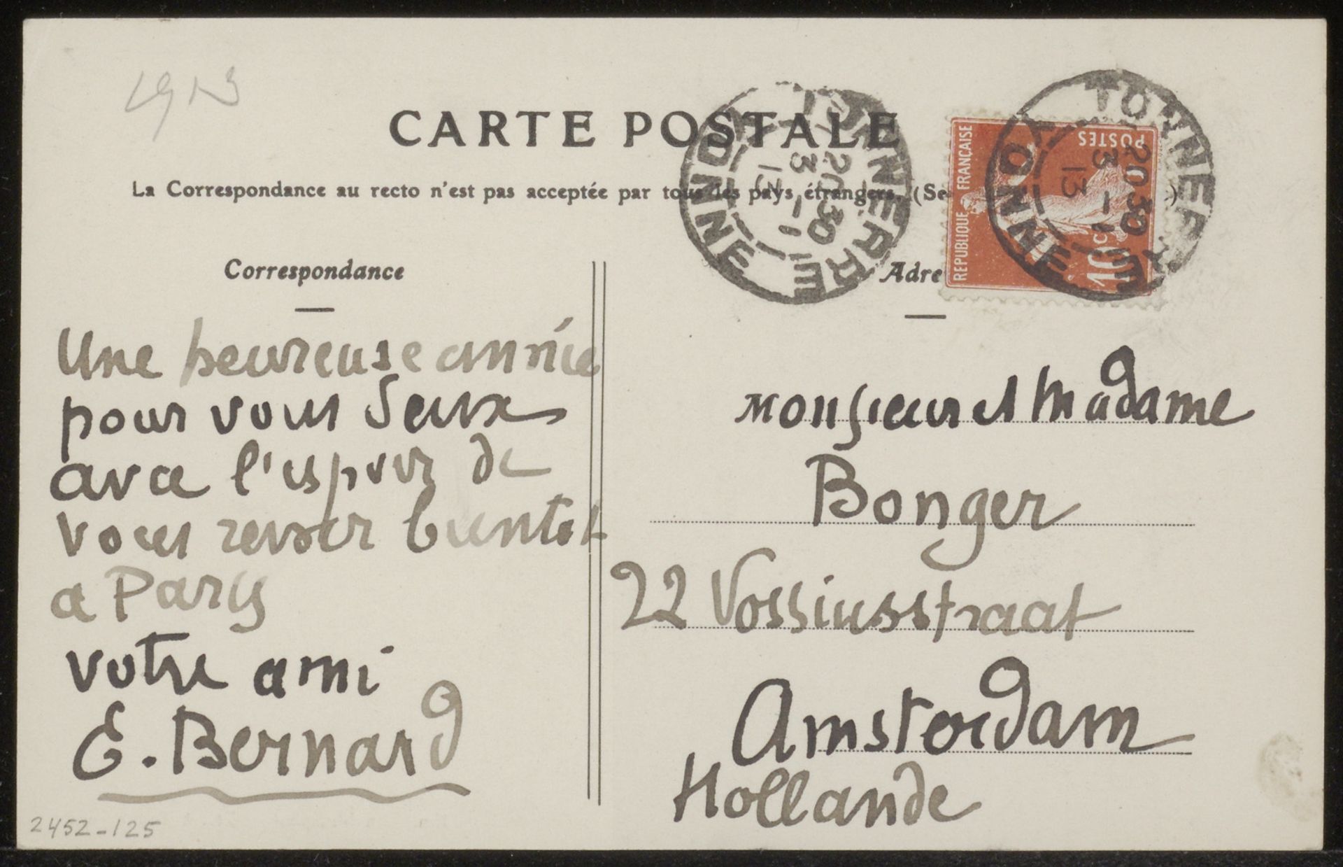 Prentbriefkaart aan Andries Bonger en Anne Marie Louise van der Linden by Emile Bernard