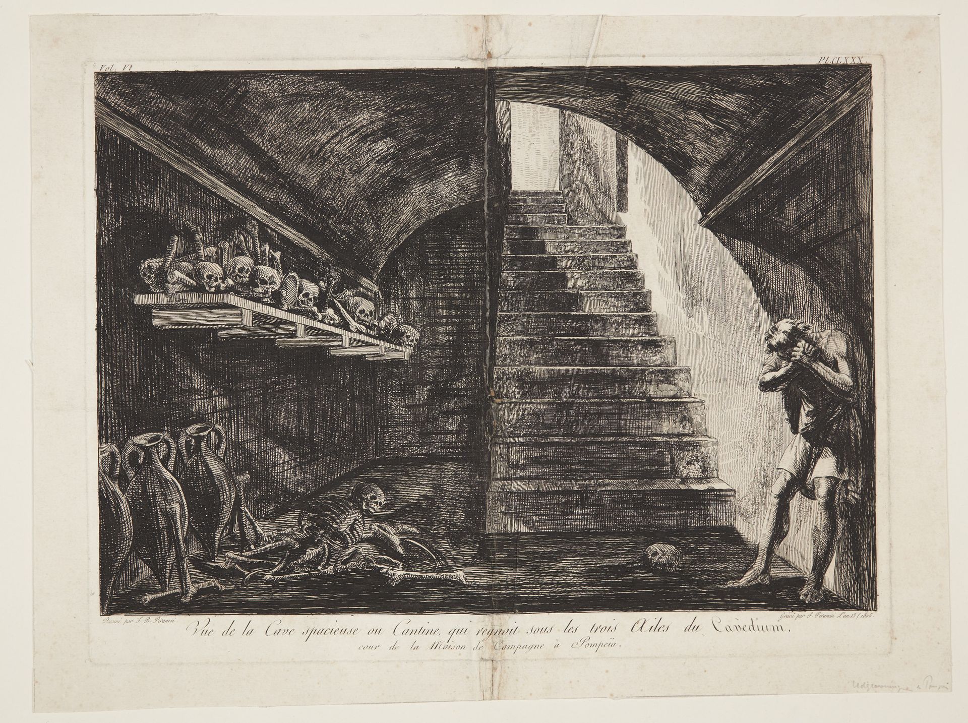 Vue de la Cave spacieuse ou Cantine, qui regnoit sous les trois Ailes du Cavedium, cour de la Maison de Campagne à Pompeiia by Francesco Piranesi