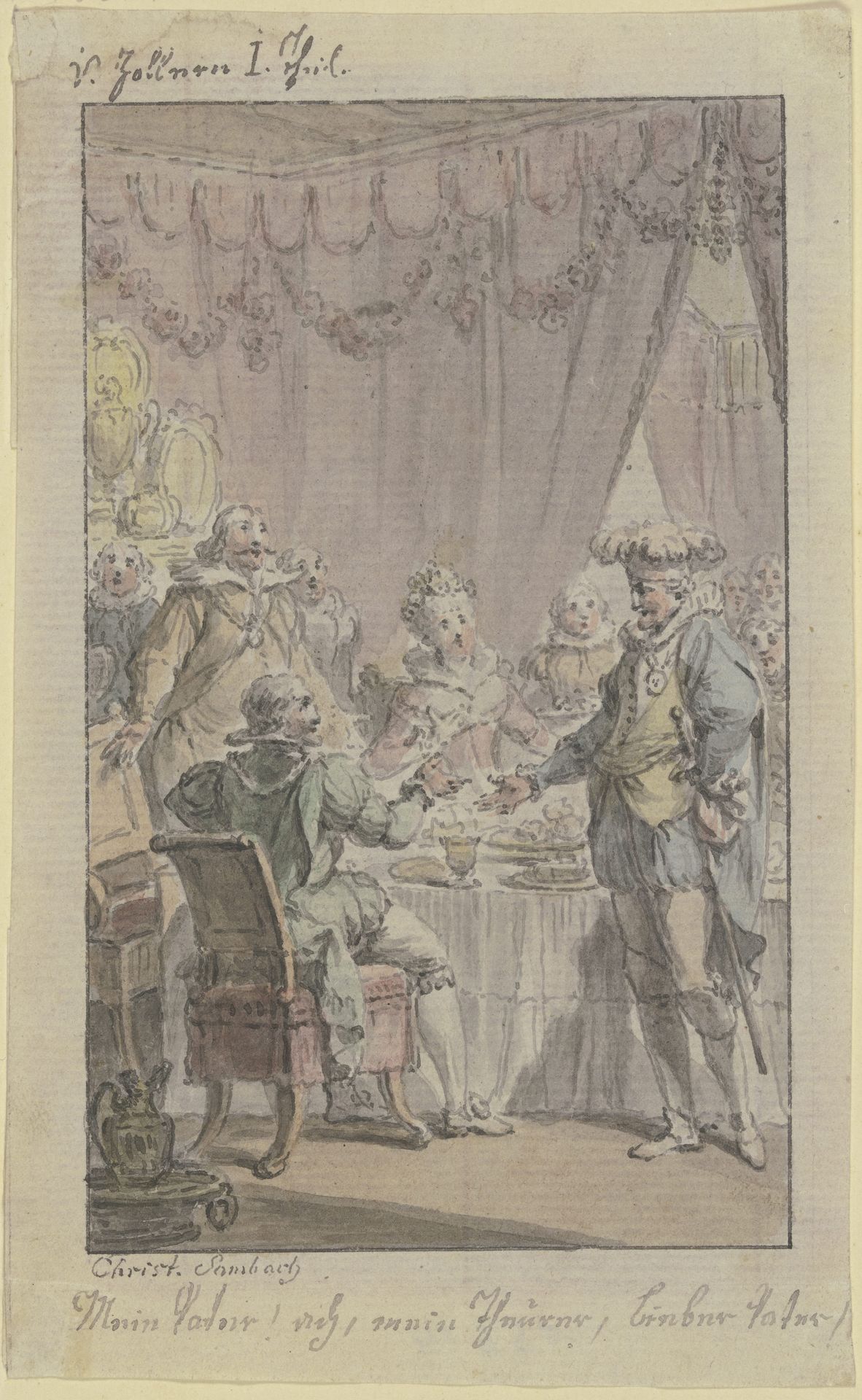 Tafelszene_ Ein Ritter tritt an den gedeckten Tisch heran und begrüßt einen sitzenden Ritter by Christian Sambach