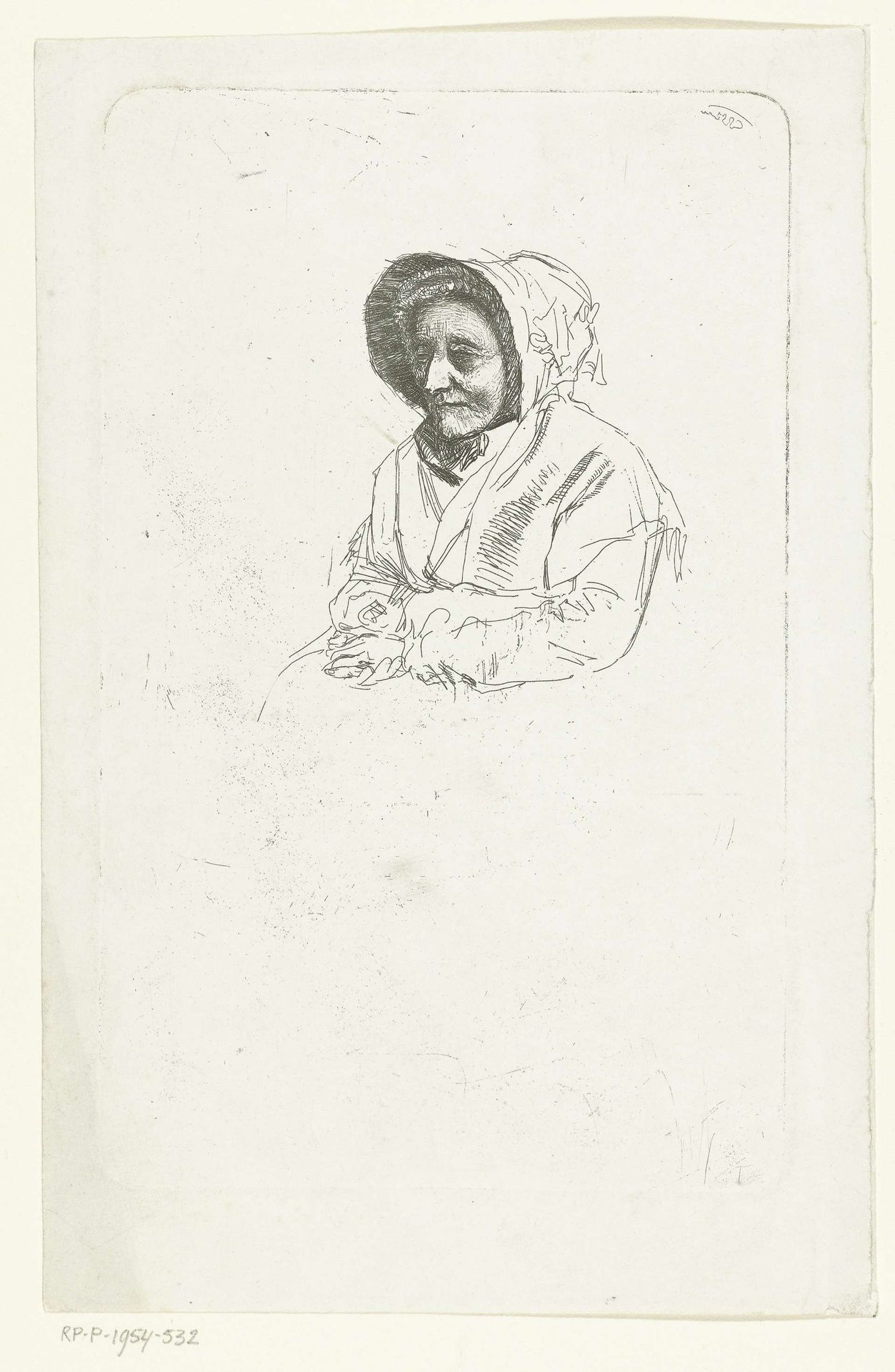 Zittende oude dame met muts by Joan Berg