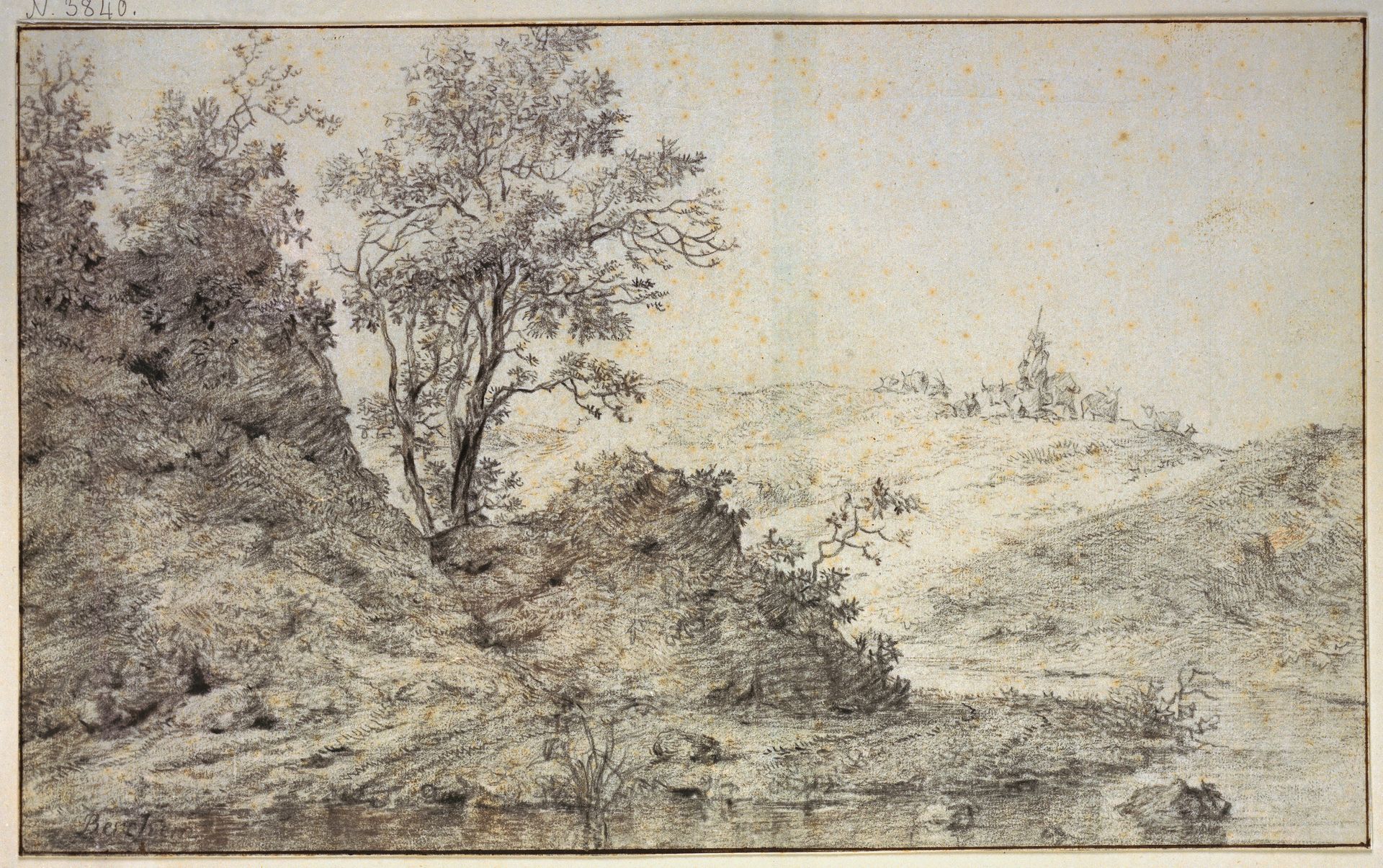 Landschaft mit Wasser, auf dem Hügel Hirte und Hirtin mit Vieh by Nicolaes Berchem