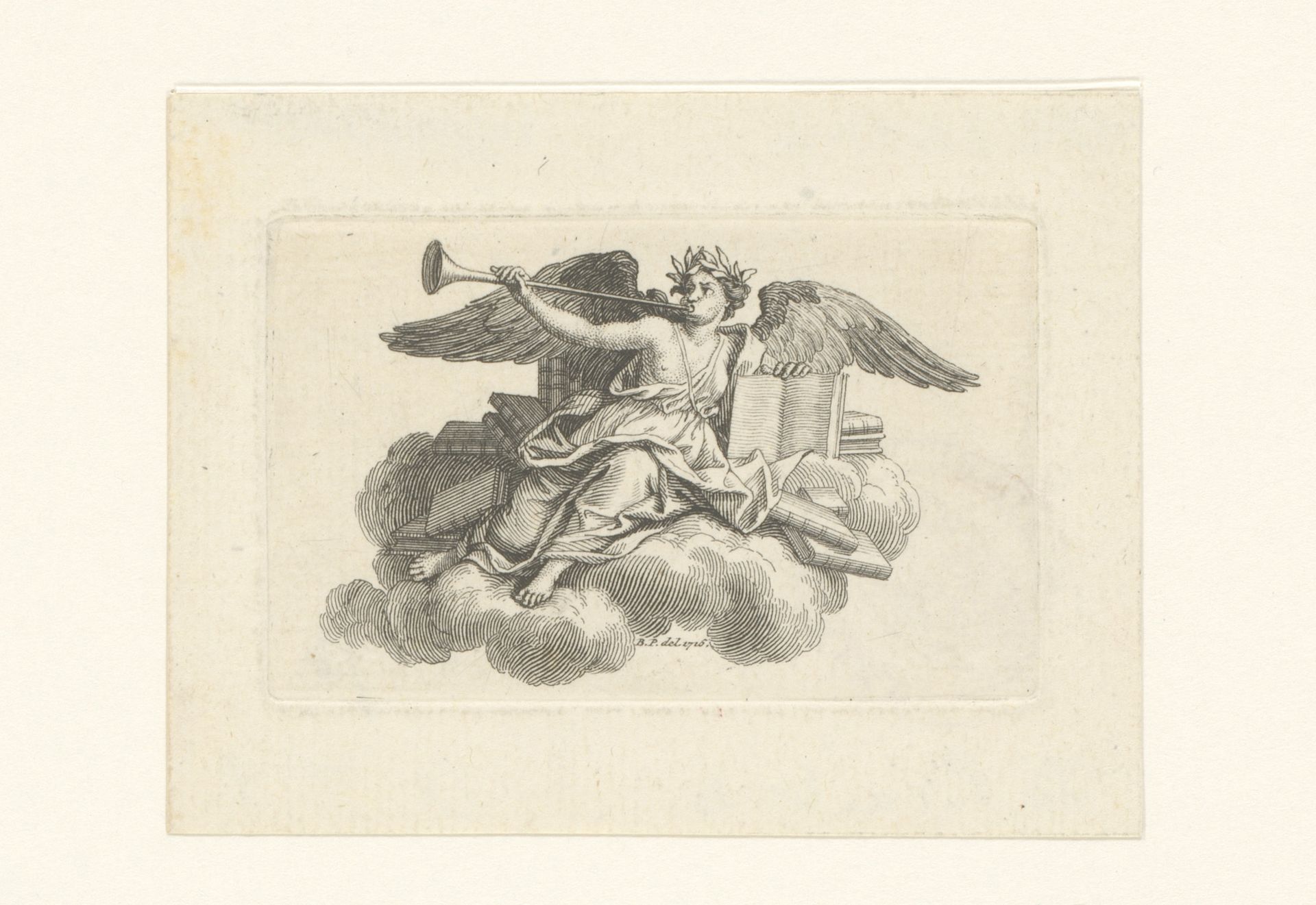 Engel met bazuin op een wolk met boeken by Bernard Picart
