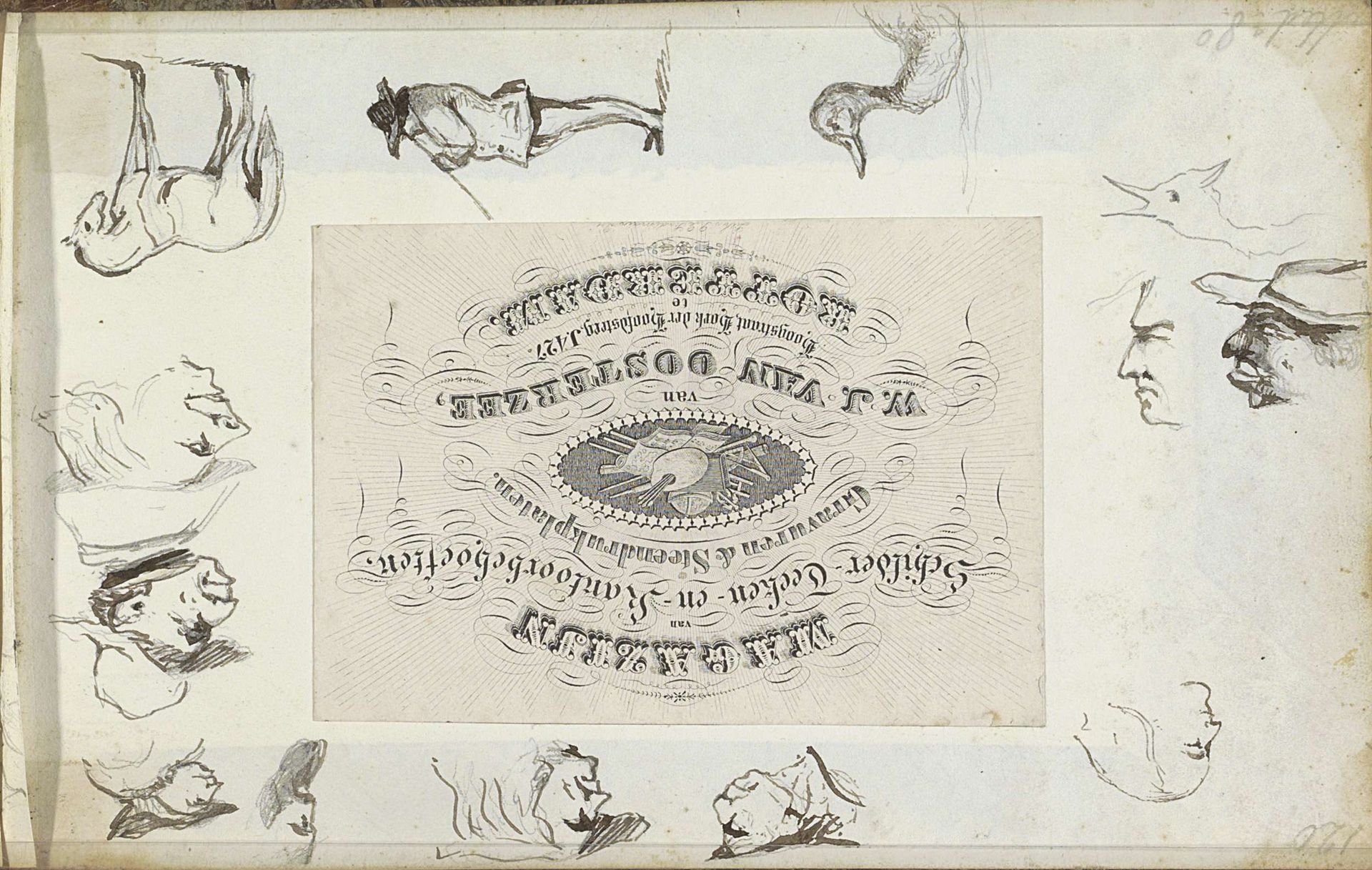 Studieblad, onder andere met mannenkoppen, een paard en een eend by Johannes Tavenraat
