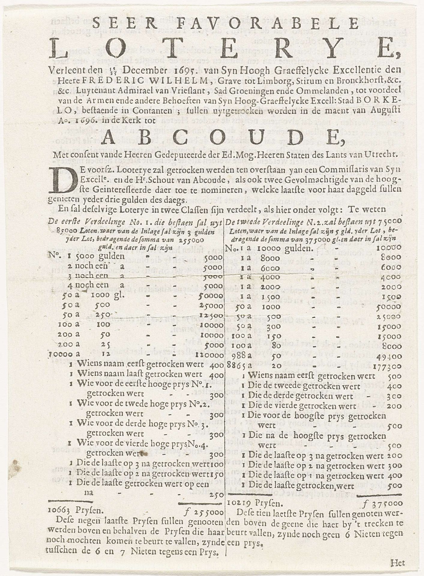 Aankondiging van een loterij te Abcoude, 1696 by Anonymous