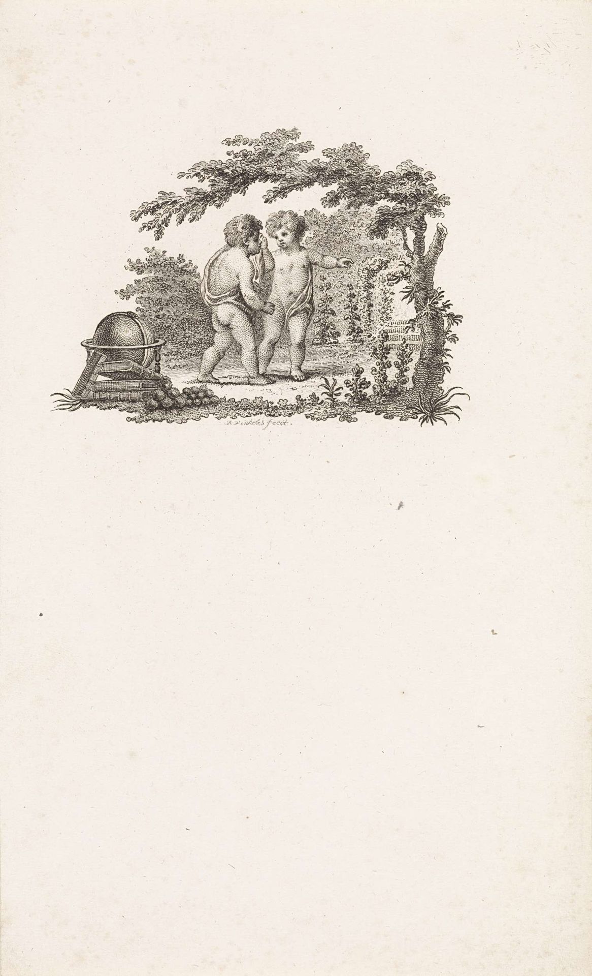 Bosgezicht met twee putti bij een globe en boeken by Reinier Vinkeles