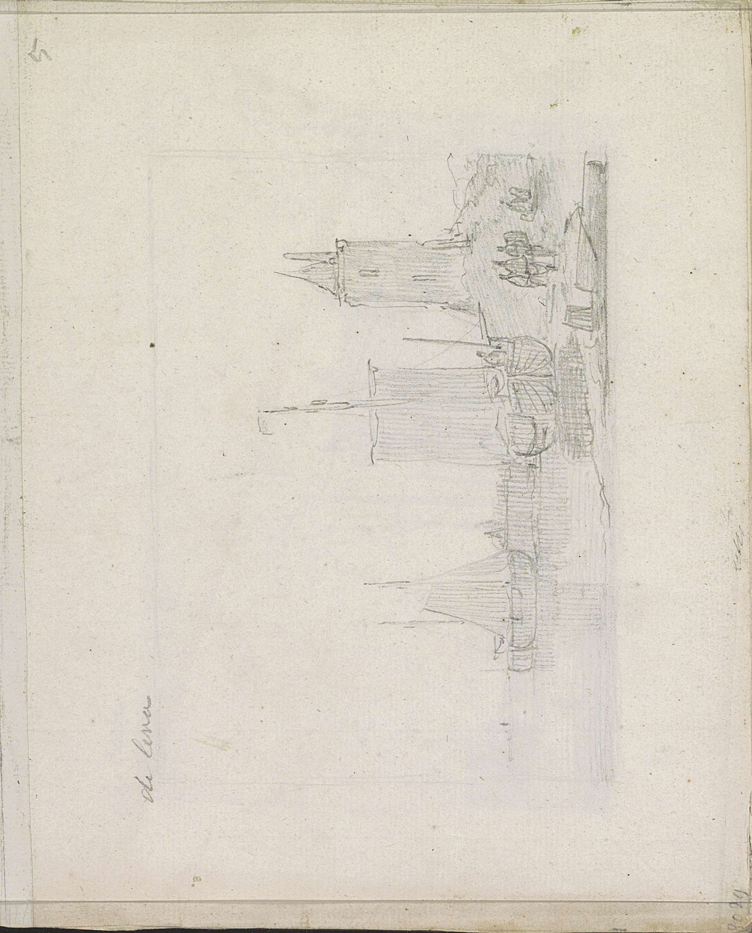 Naast een toren afgemeerde zeilboten by Andreas Schelfhout