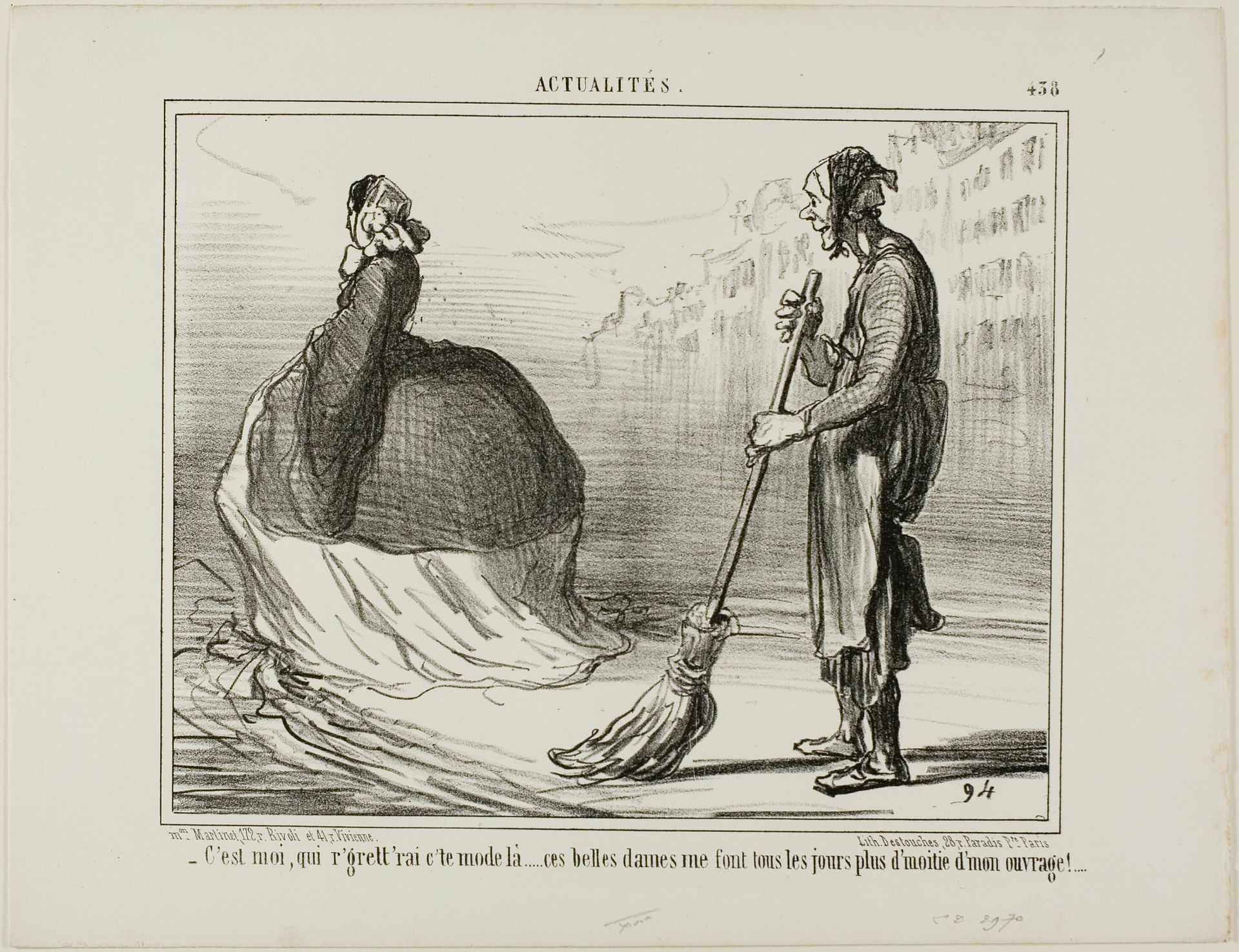 “- I'd regret if this mode gets to be out of fashion one day... these ladies are doing half of my job!,” plate 438 from Actualités by Honoré Daumier
