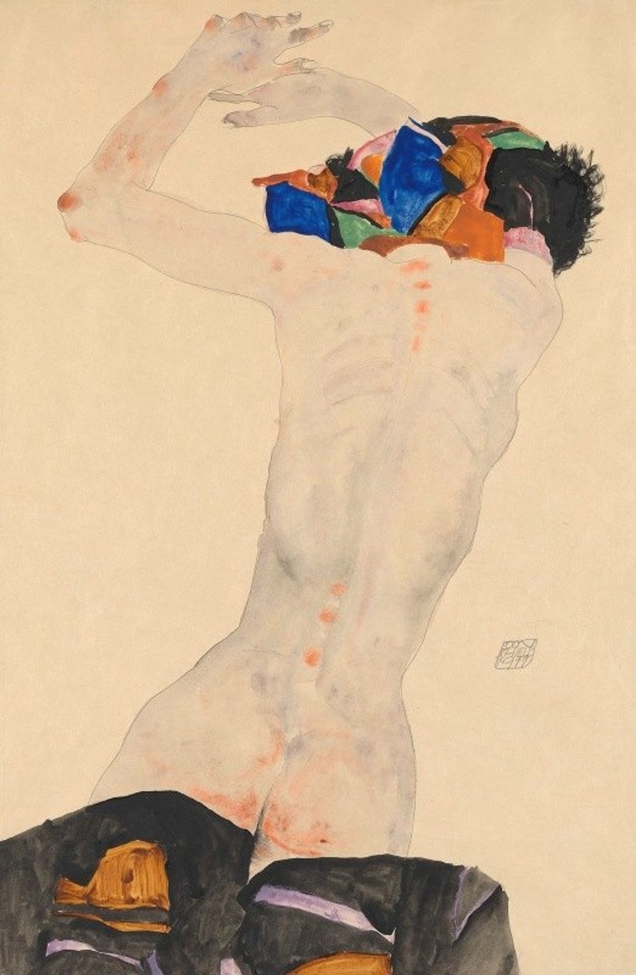 Rückenakt mit buntem Tuch by Egon Schiele
