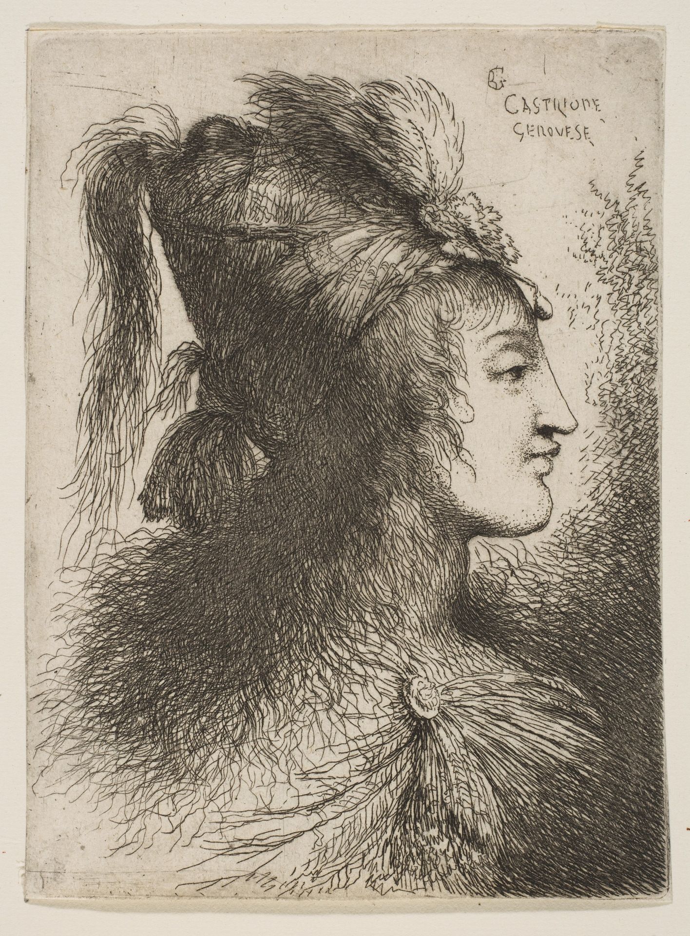 Young man wearing a plumed turban, facing right,  from the series of  'Small Heads in Oriental Headdress' by Giovanni Benedetto Castiglione (Il Grechetto)