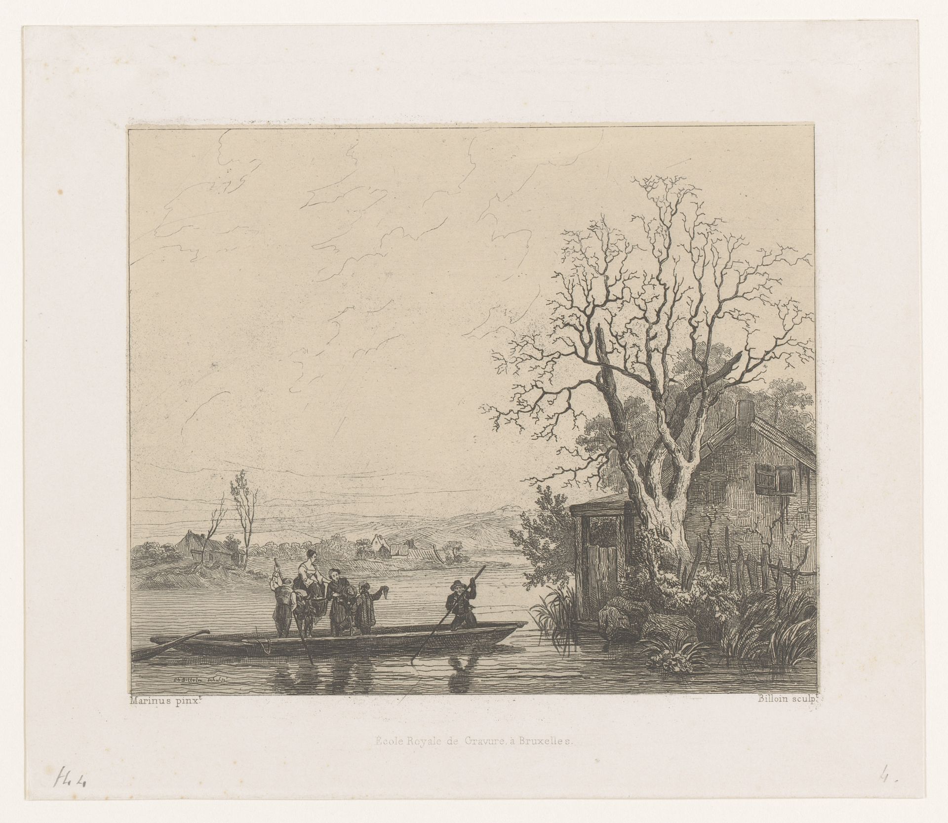 Rivierlandschap bij Namen met een geboomde veerpont die de rivier oversteekt by Charles Billoin