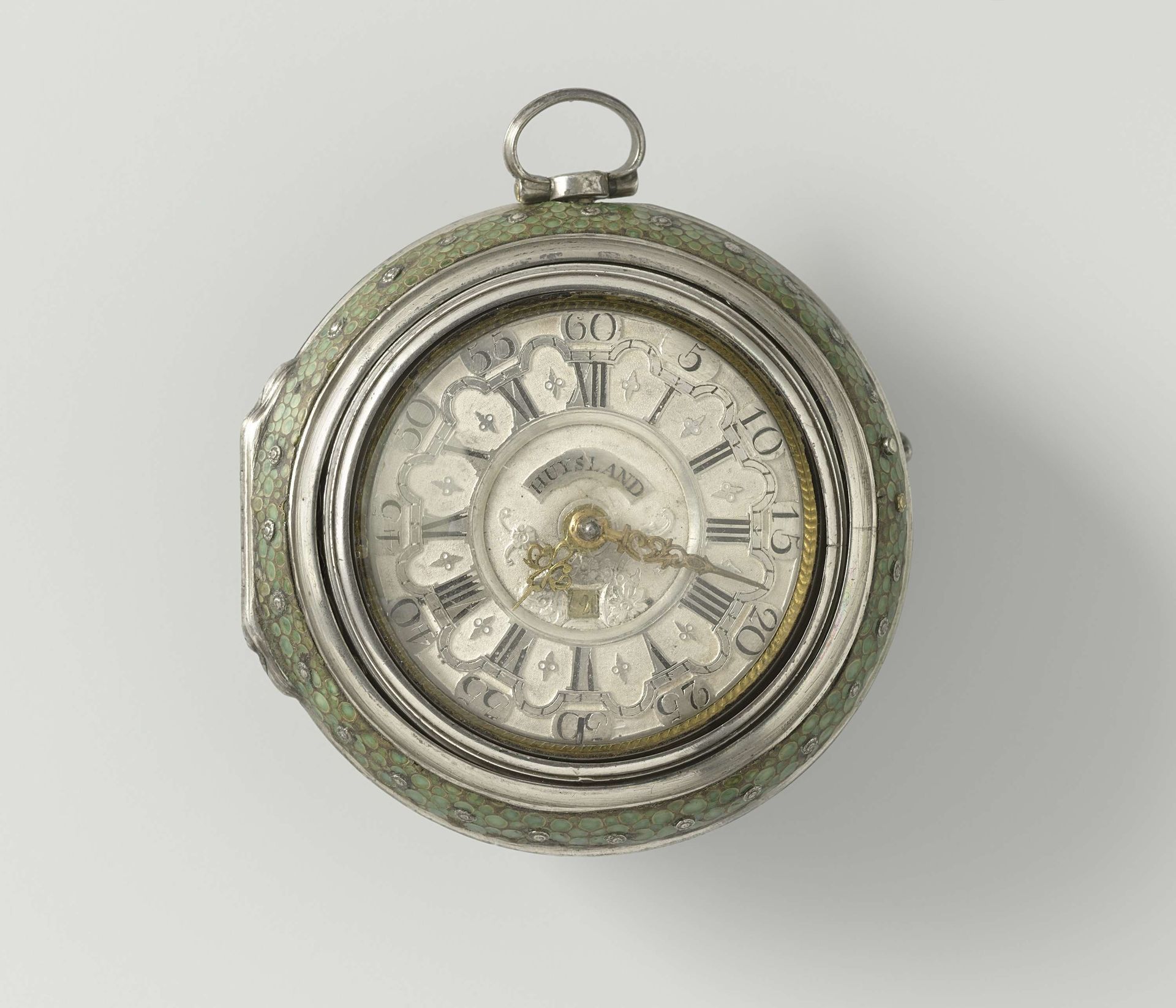 Zakhorloge met gedreven voorstelling van een walvisvaarder by Hermanus Huyslandt